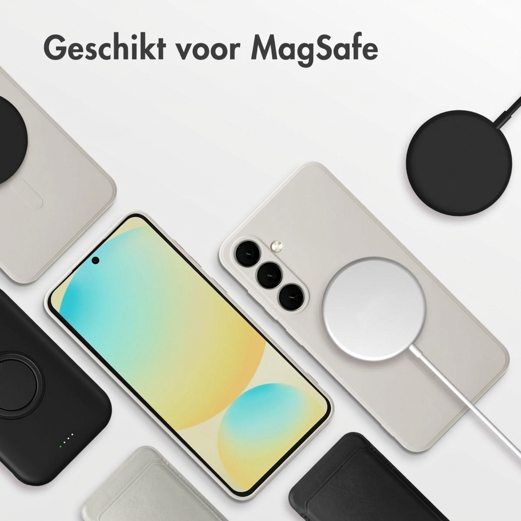 Coques de smartphone blanches et chargeurs MagSafe sur fond blanc.