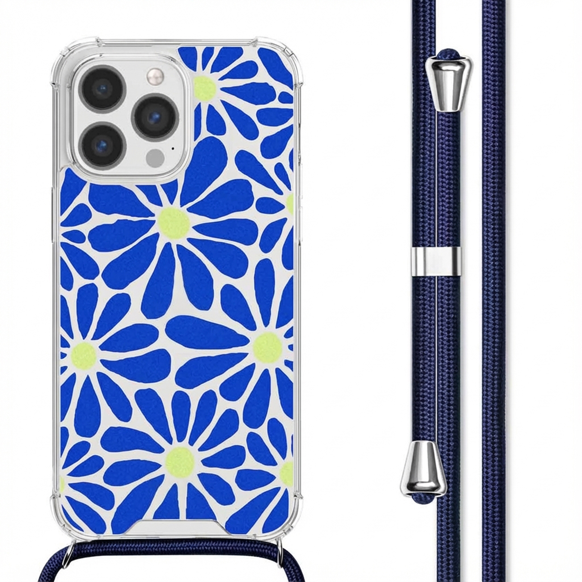Custodia iPhone con motivo floreale blu e giallo e cordino scuro.