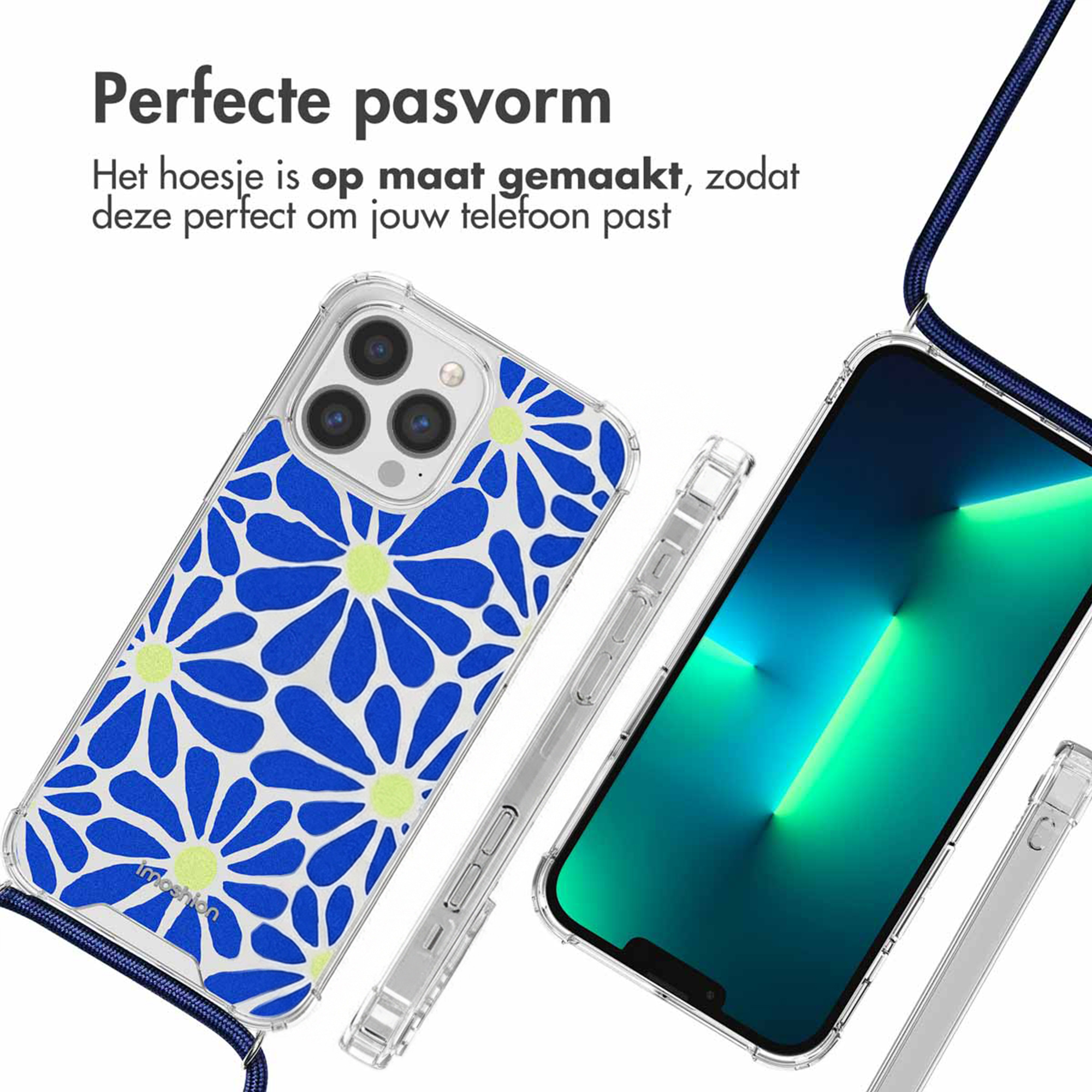 Una custodia per telefono con motivo floreale blu e vista schermo.