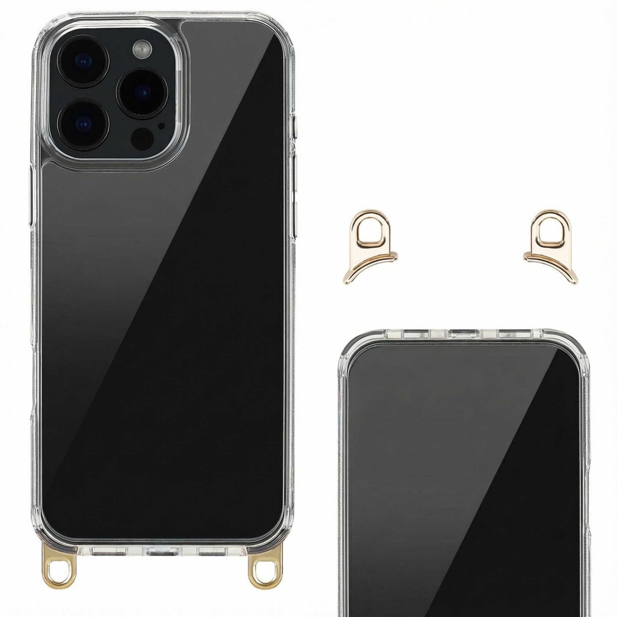 Custodia trasparente per telefono con occhielli dorati e ritaglio fotocamera.