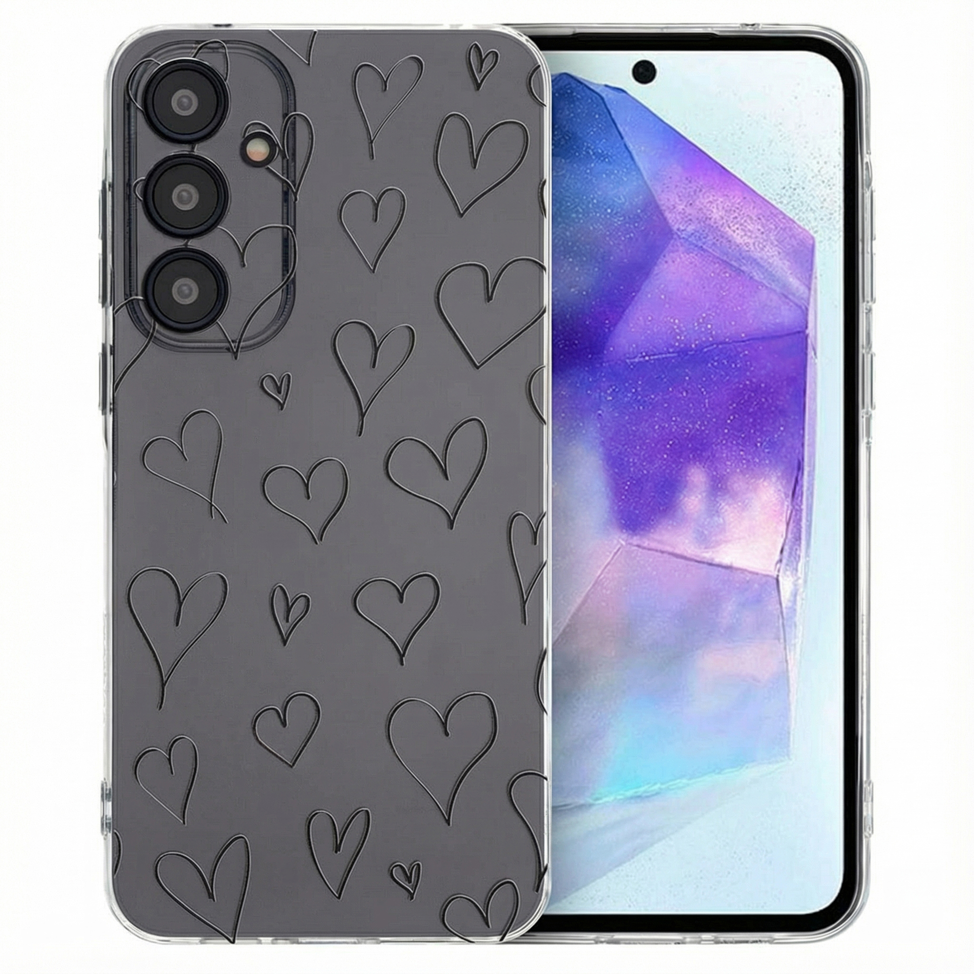 Een donkergrijze telefoonhoes met een patroon van zwarte harten bedekt een telefoon met paars, facetachtig scherm.