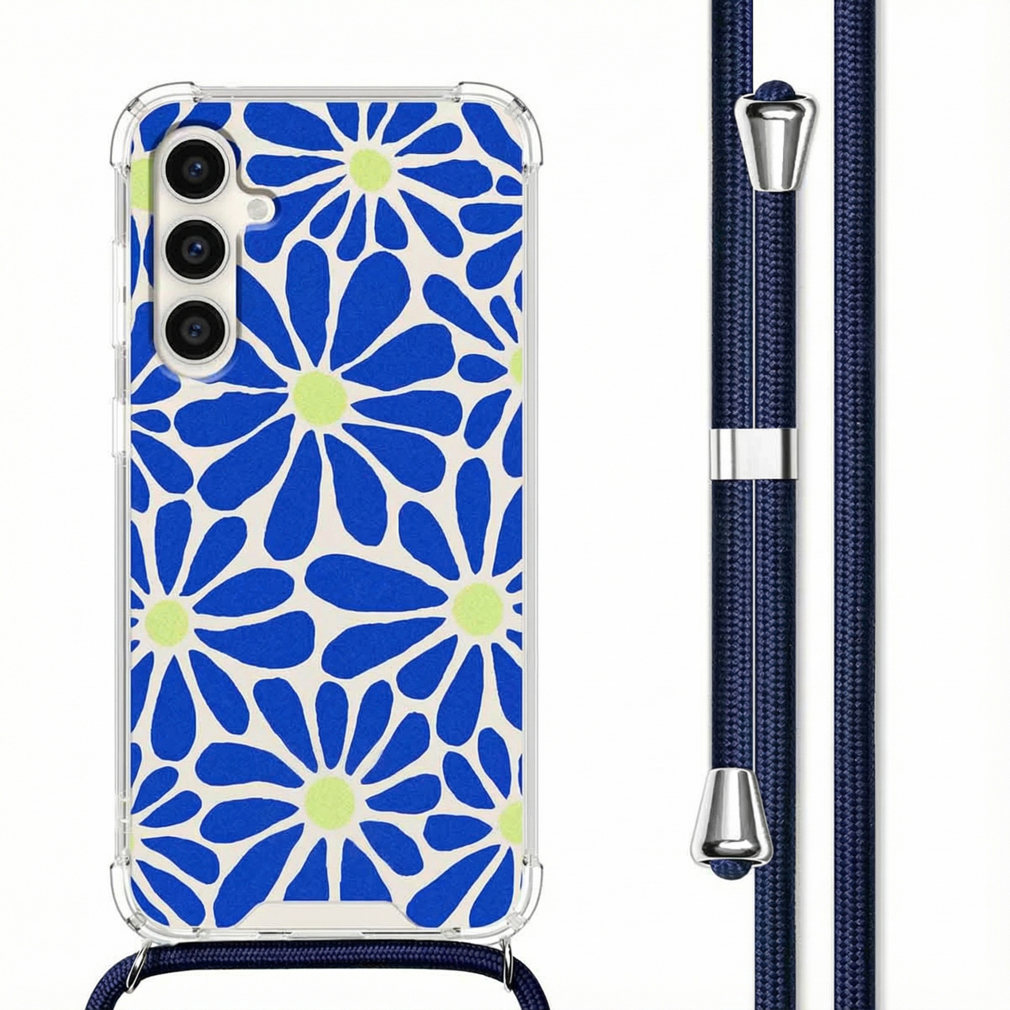 Blauw-witte hoes met bloemenpatroon en koord.