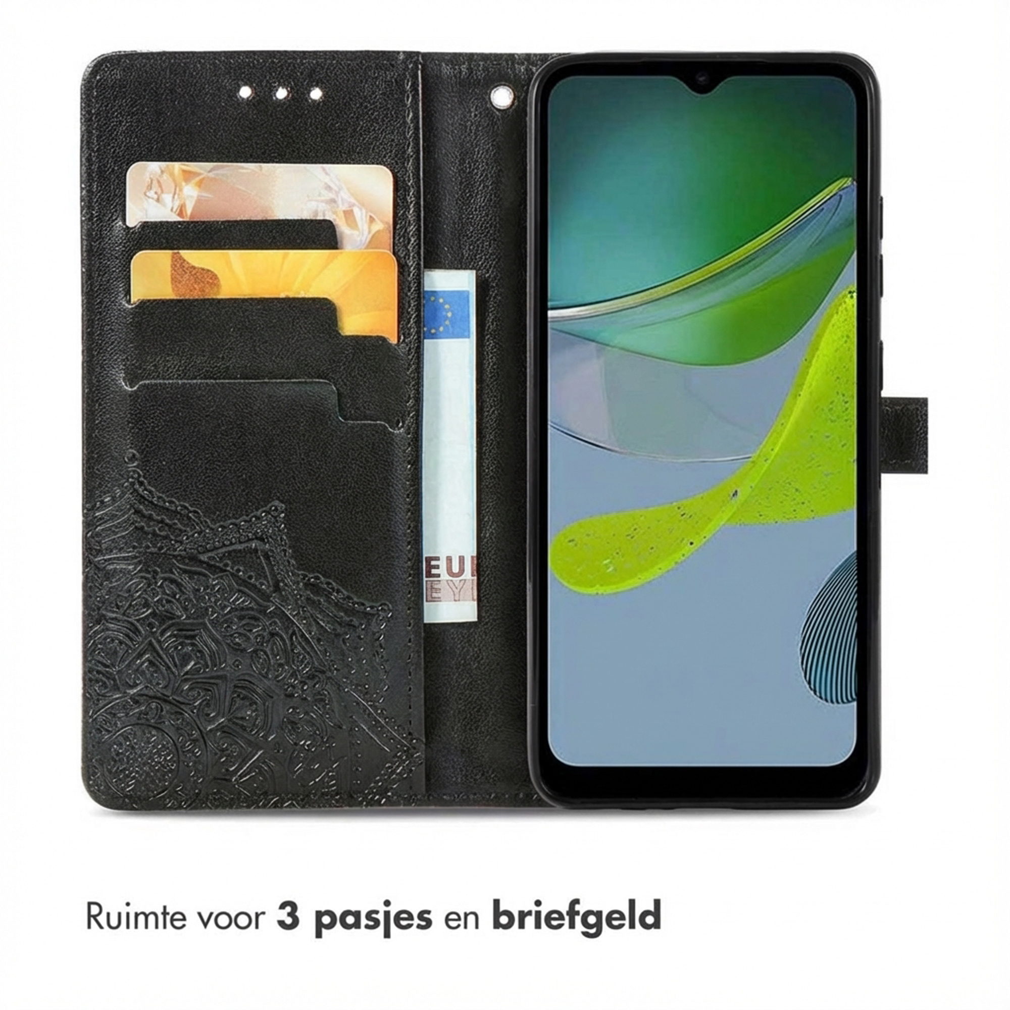 Zwarte telefoonhoes met kaarthouders en telefoon aan de rechterkant.