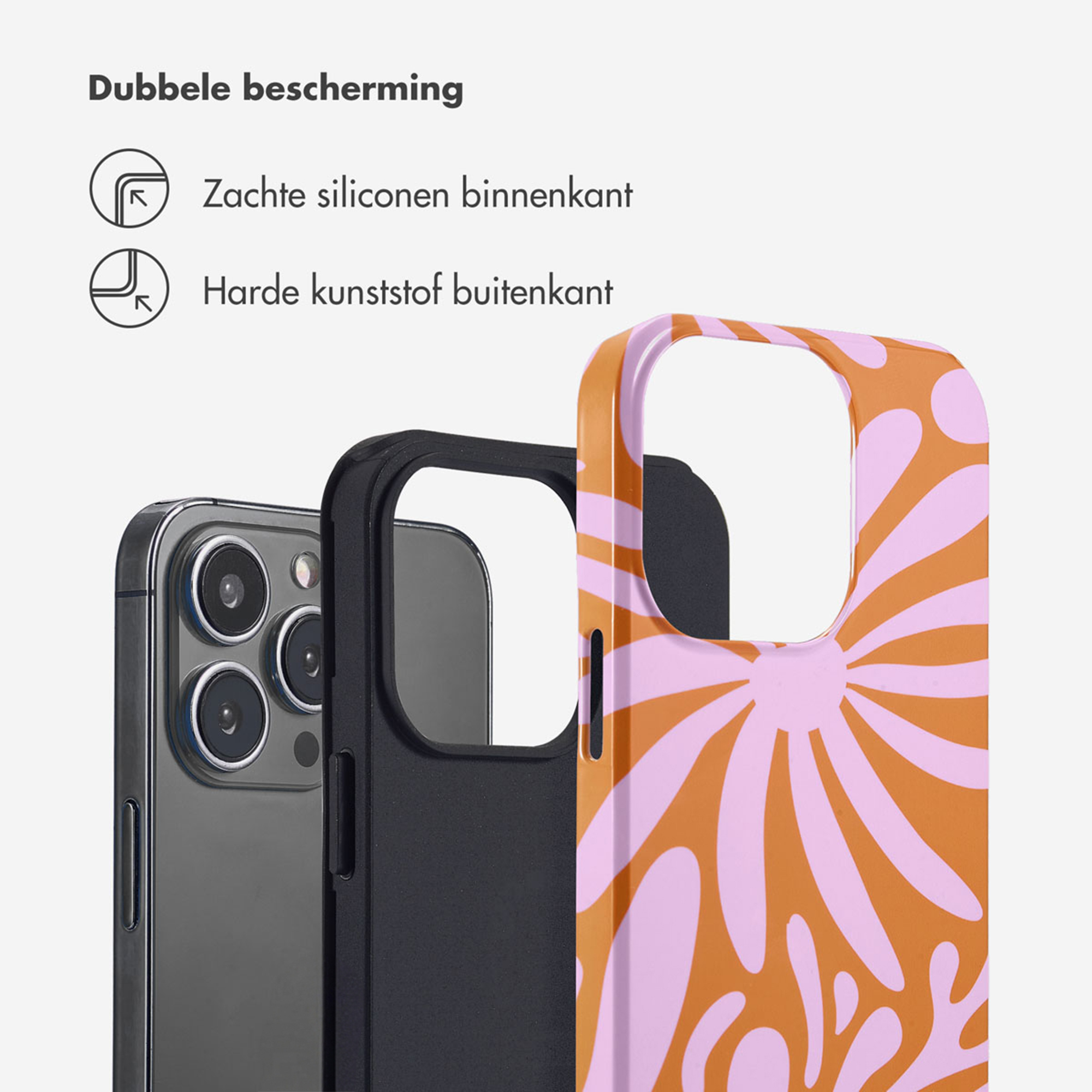 Mostra un telefono con una custodia nera e una colorata a fantasia floreale.