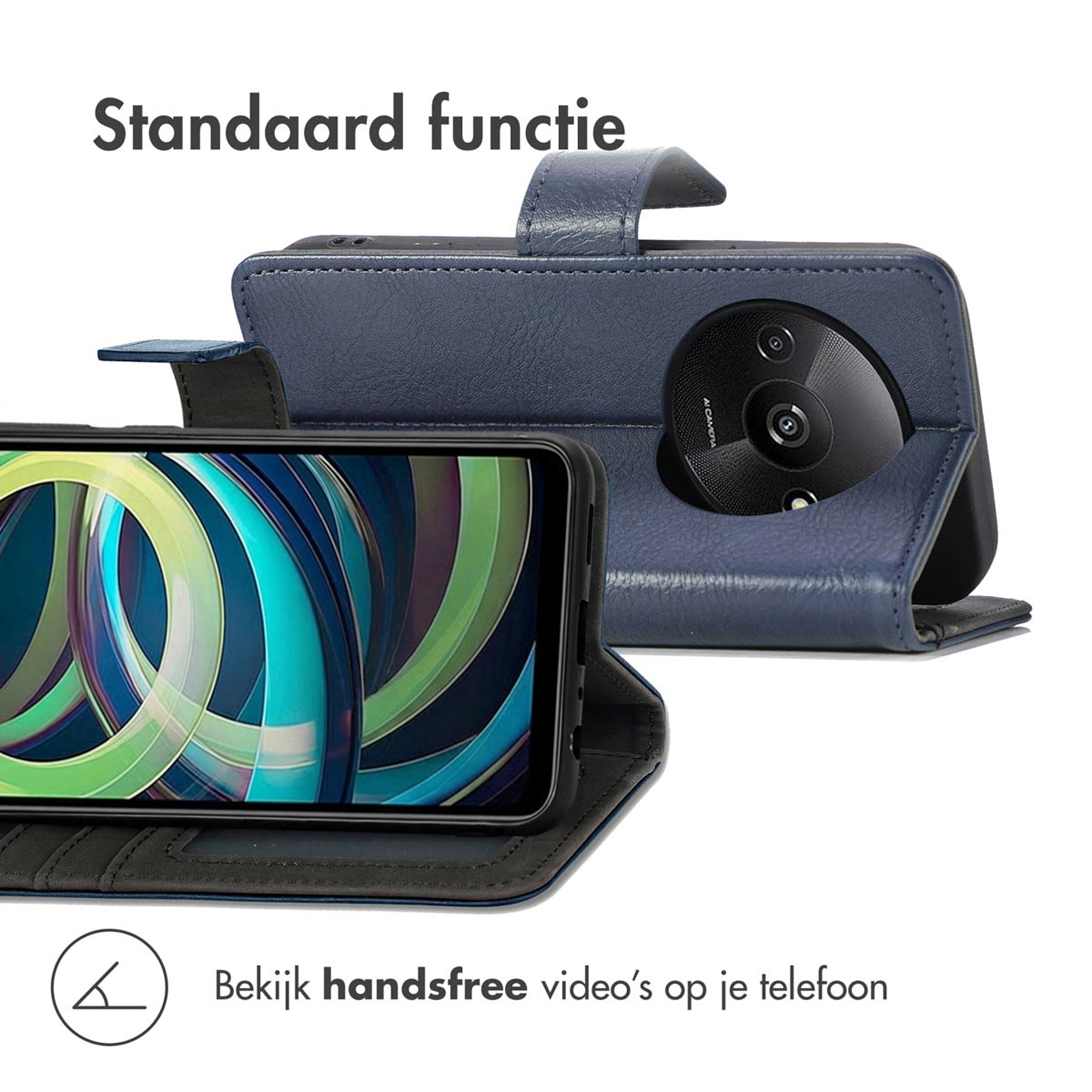 Blauwe telefoonhoes met standaardfunctie en camera.
