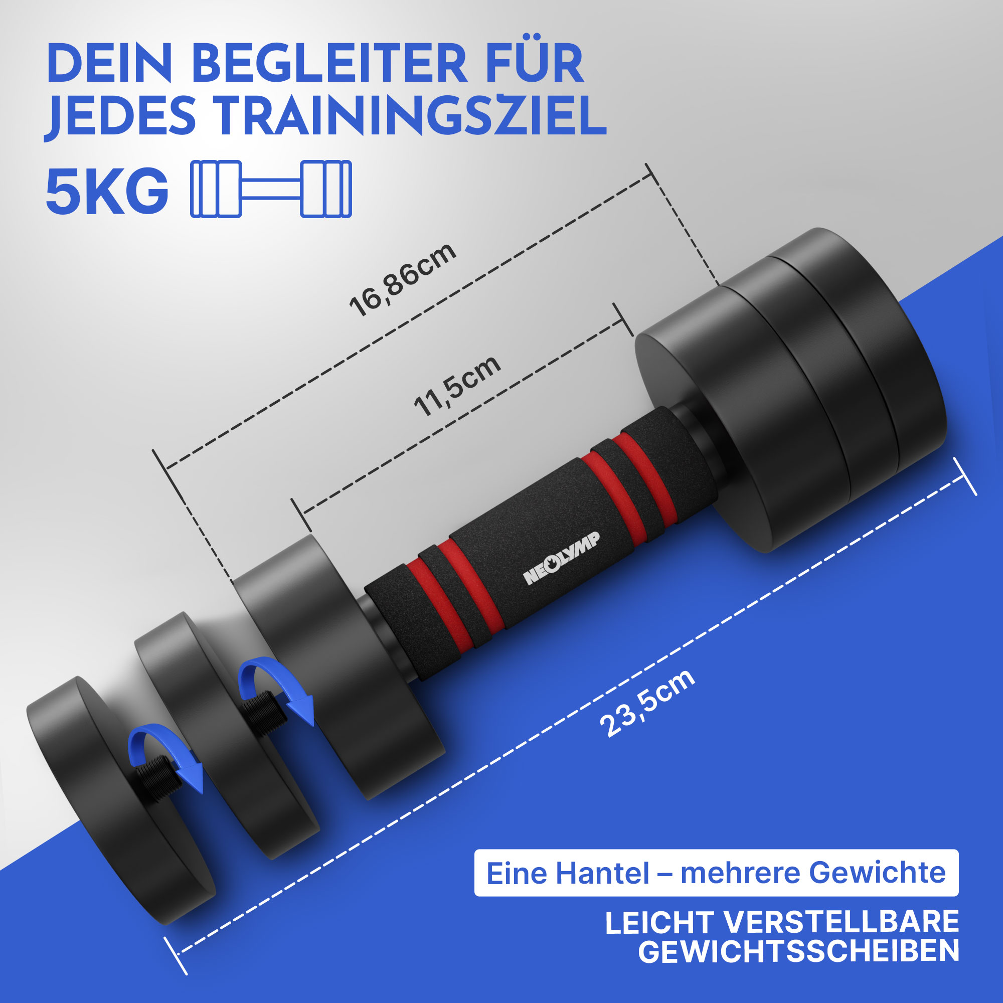 Ein verstellbarer 5kg Hantel mit schwarzen Scheiben und rotem Griff.