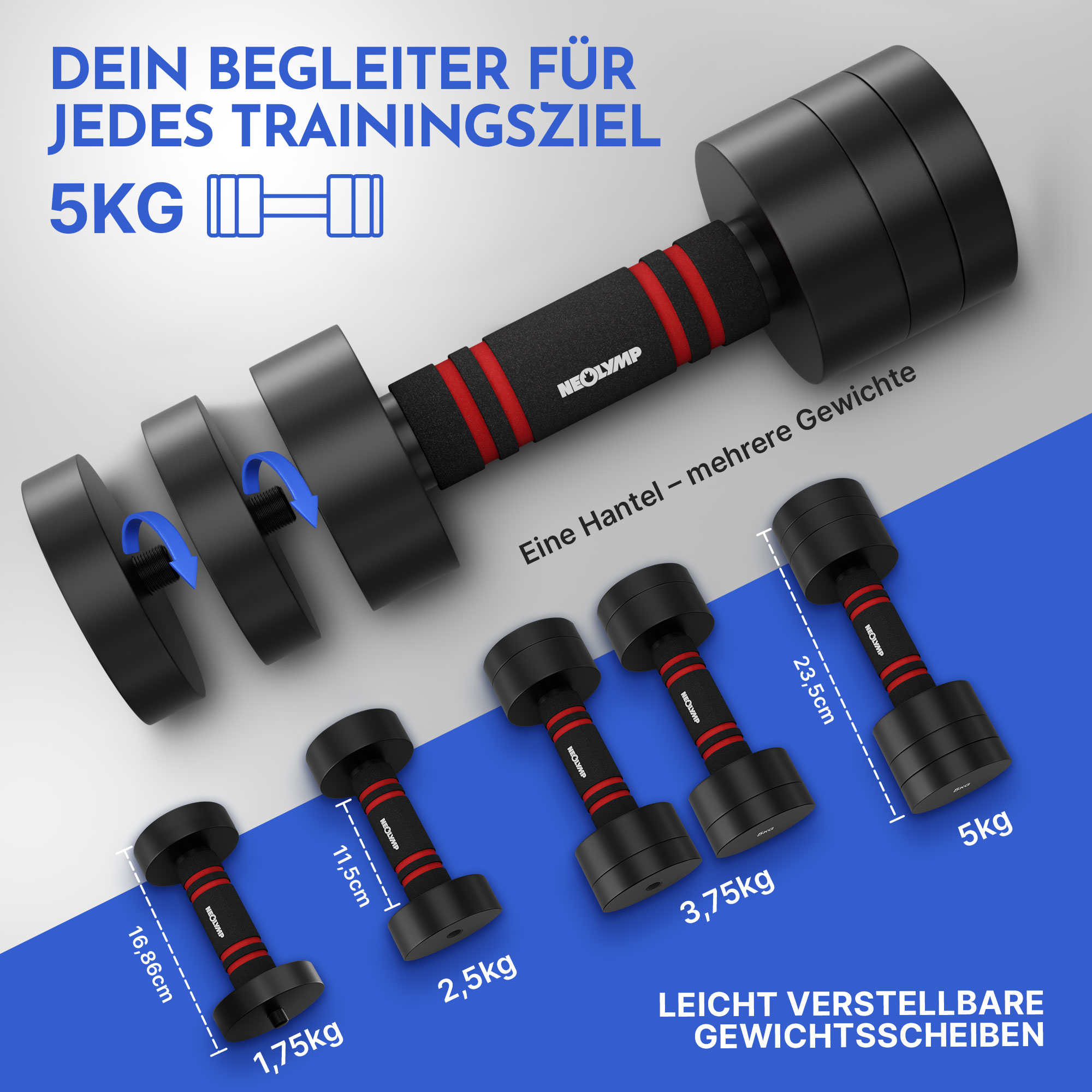 Verstellbare Hanteln mit verschiedenen Gewichten und Größen.