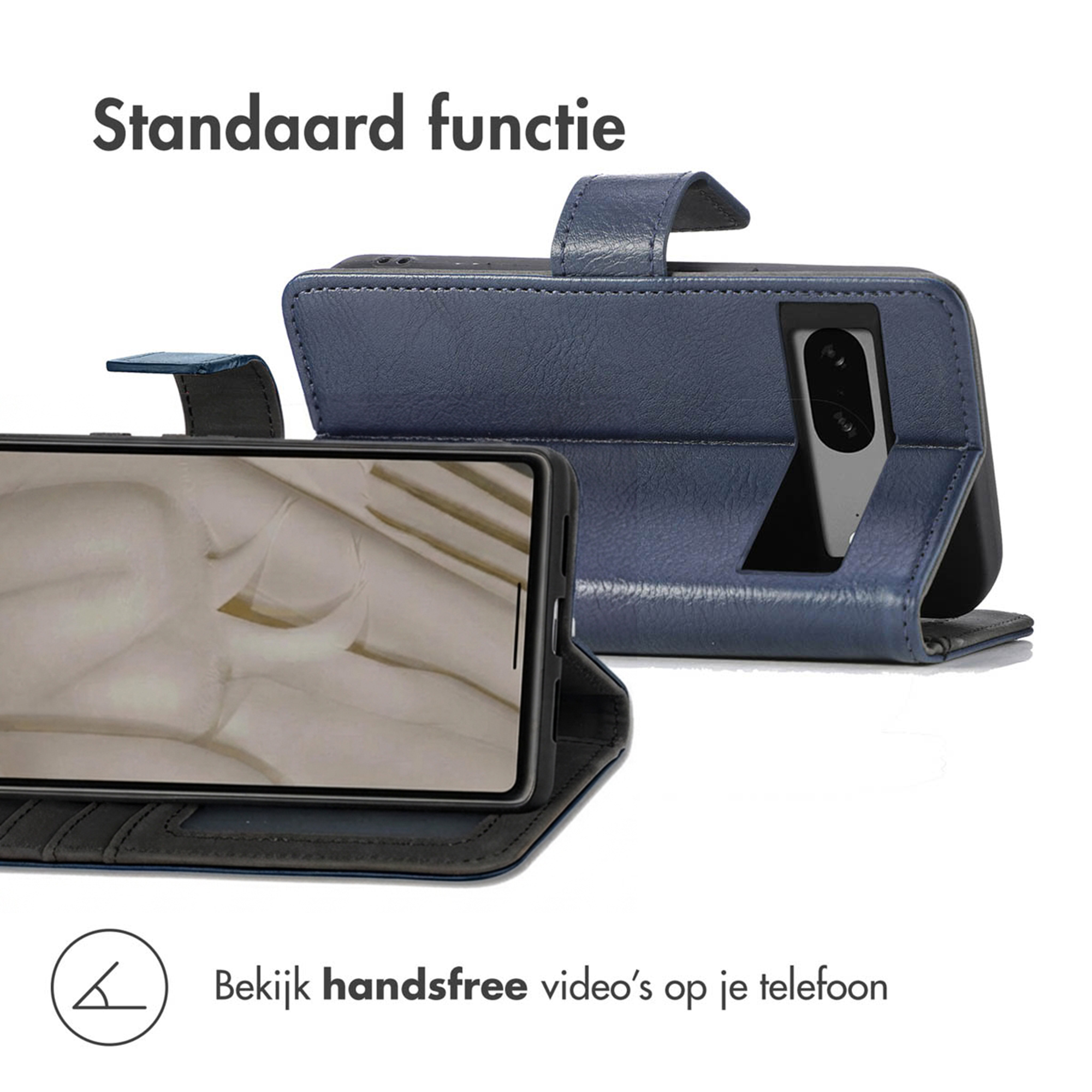 Blauw leren flip hoesje met standaardfunctie voor smartphone.