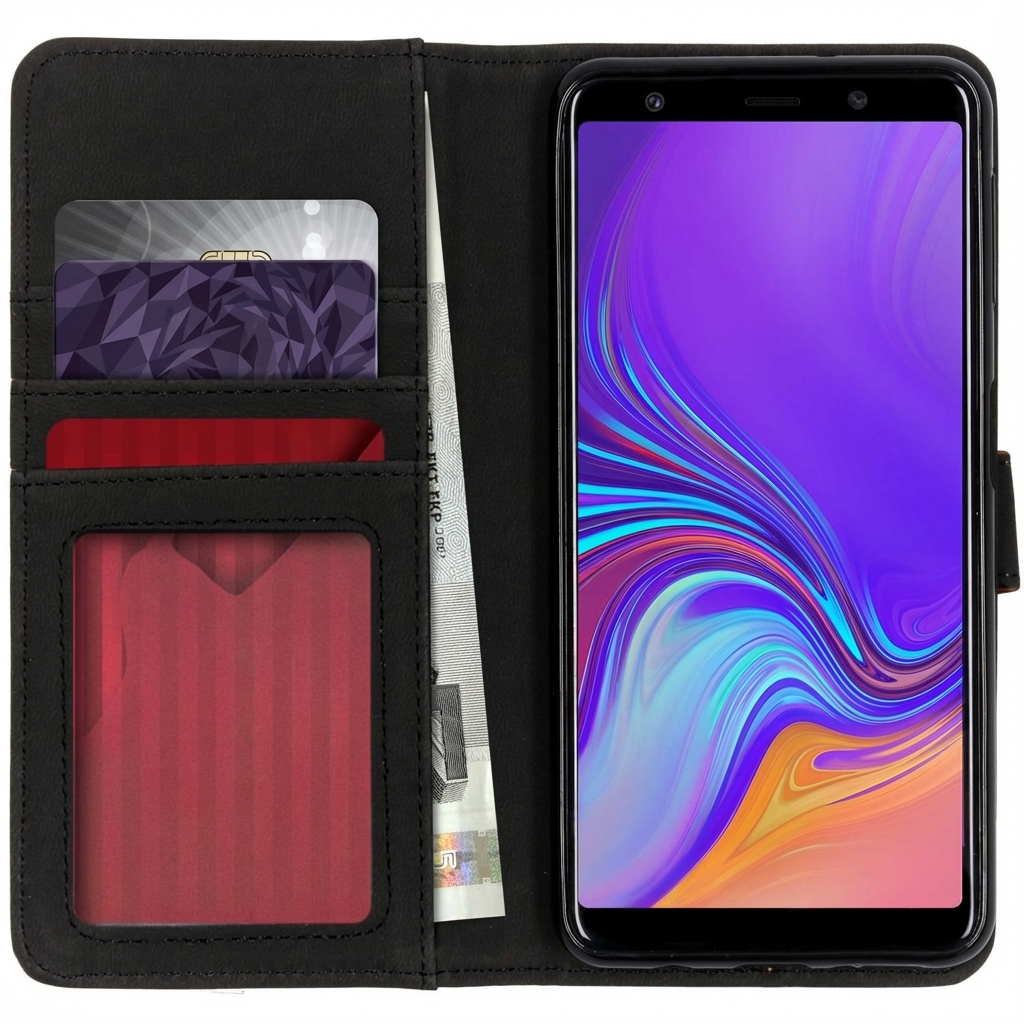 Custodia nera per telefono con slot per schede e uno smartphone con sfondo viola.