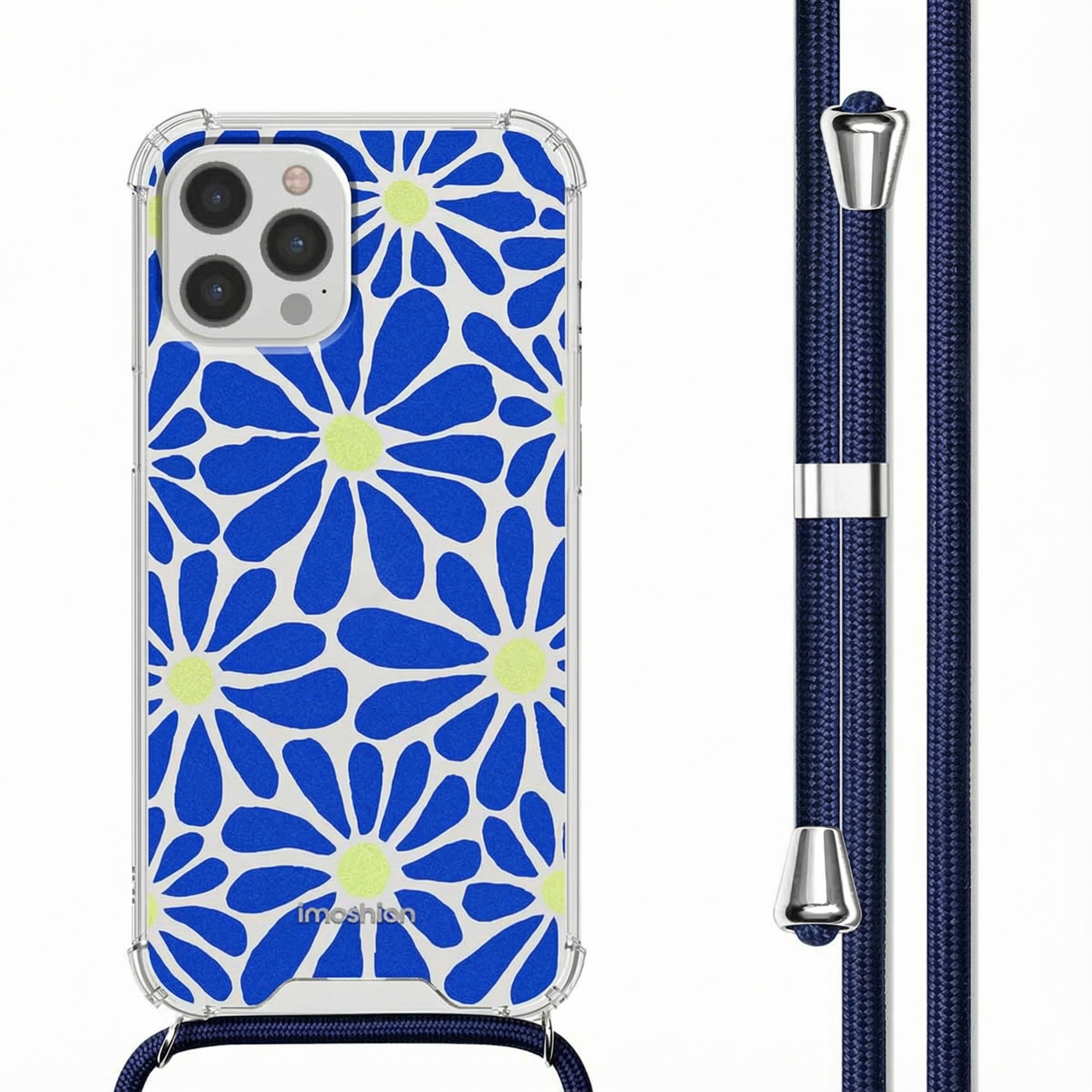 Une coque de téléphone transparente à fleurs bleues et centres vert clair.