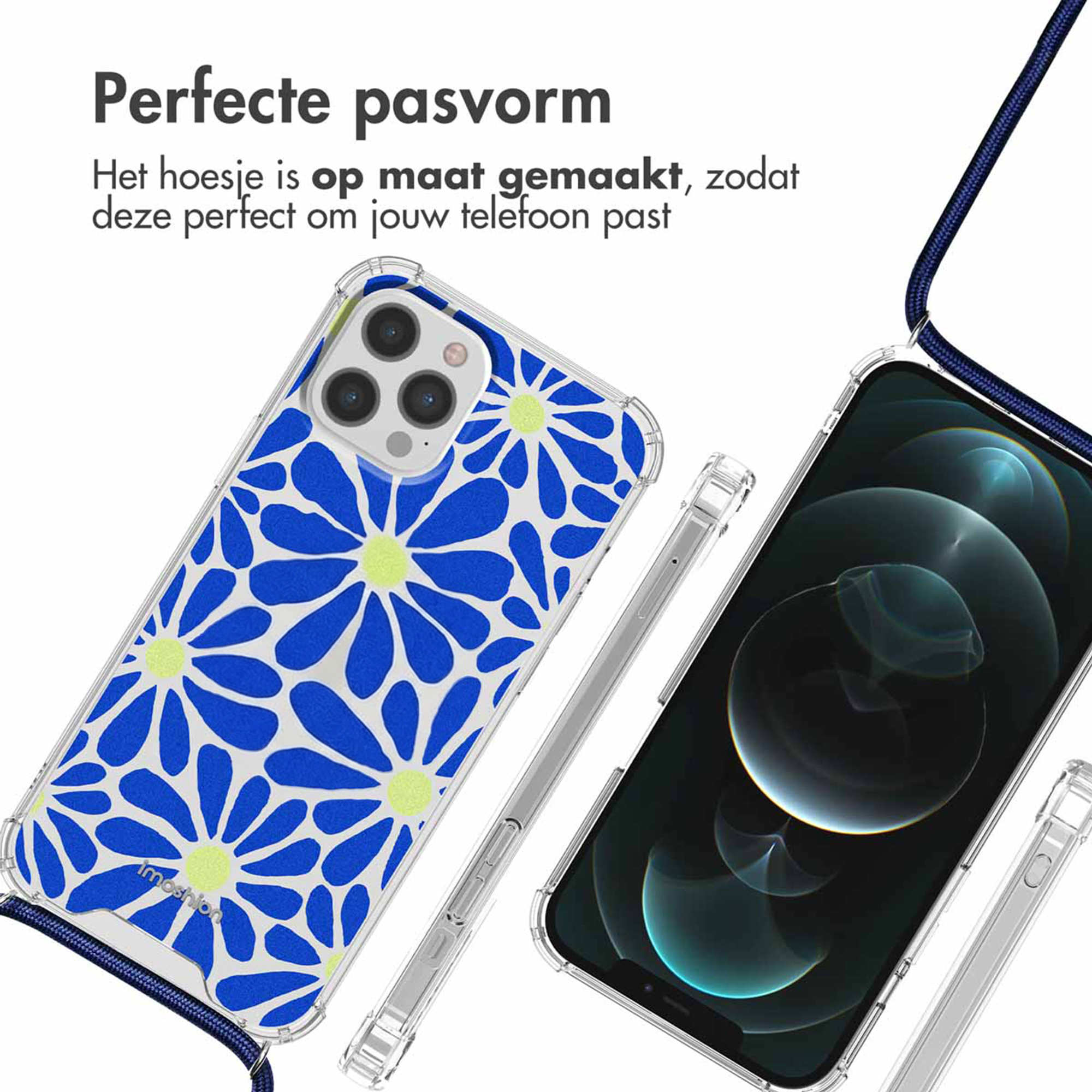Coque de téléphone transparente avec motif floral bleu et jaune et cordon.