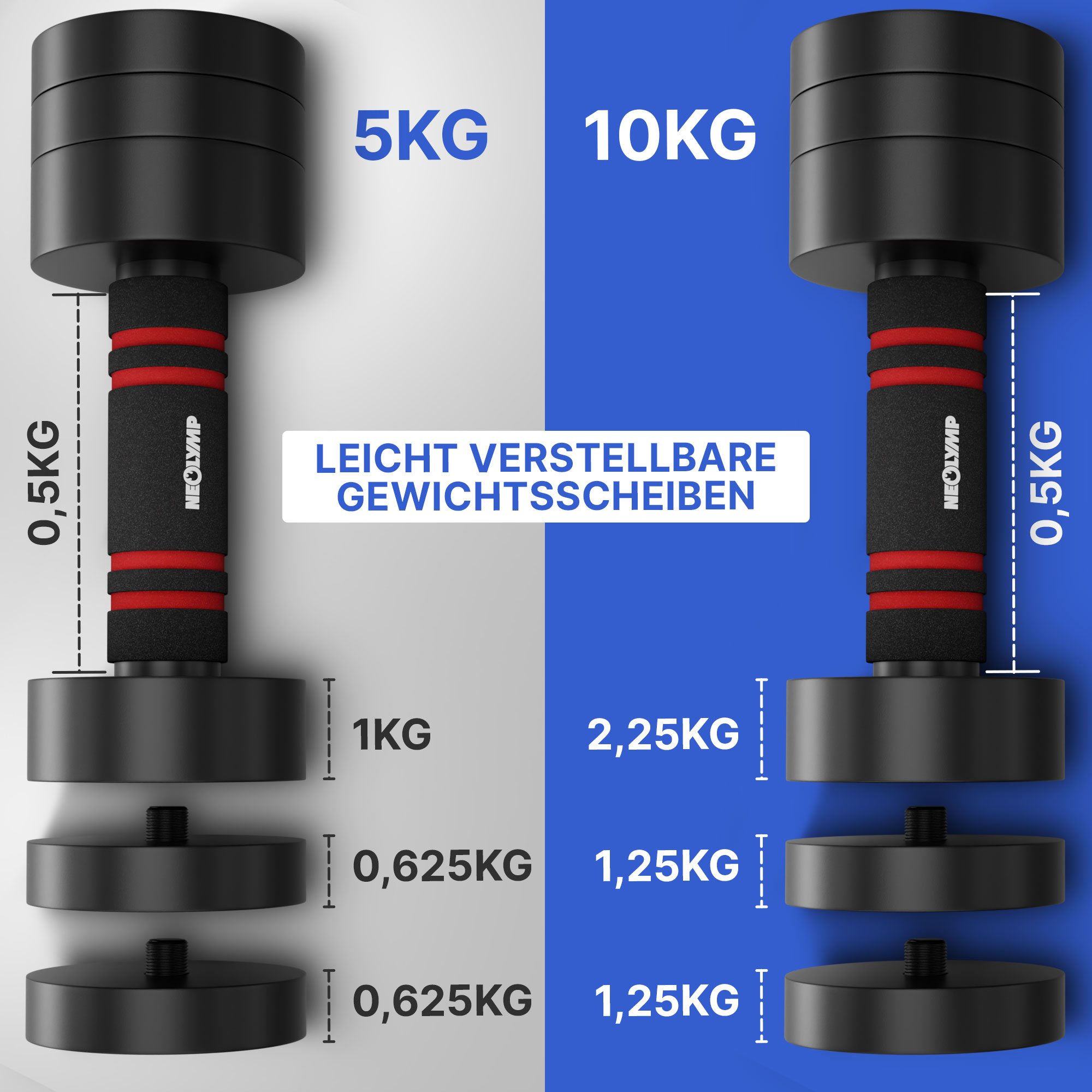 Zwei verstellbare Hanteln mit schwarzen Gewichten und gepolsterten Griffen.