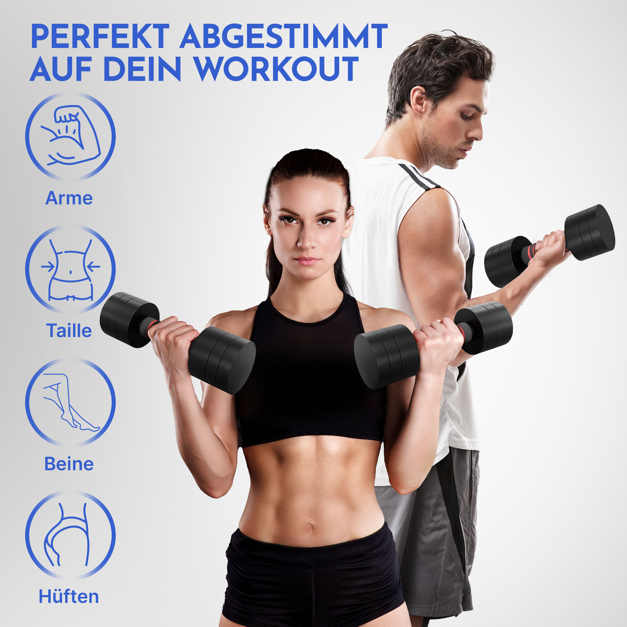 Mann und Frau mit Hanteln, Text: Perfekt abgestimmt auf dein Workout.