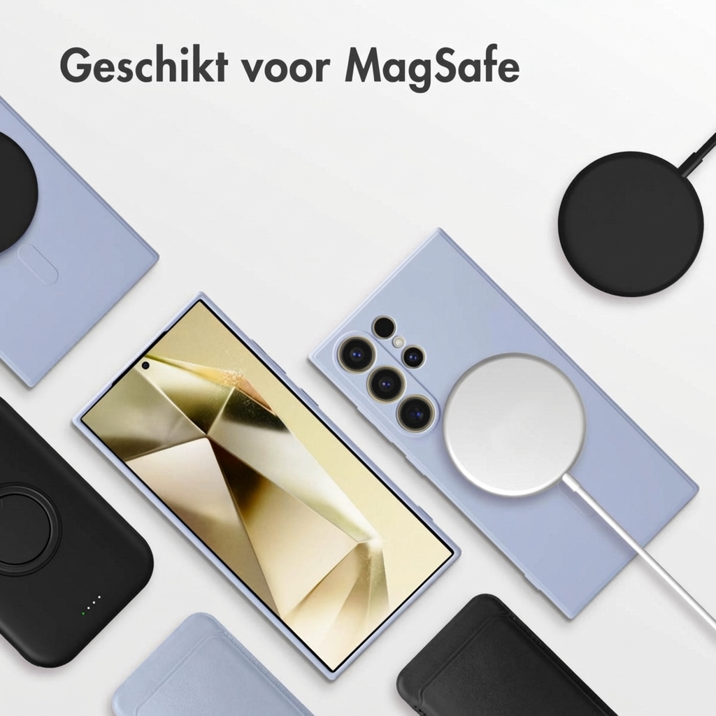 Een lichtblauwe smartphone met MagSafe-oplader, omringd door telefoonhoesjes.