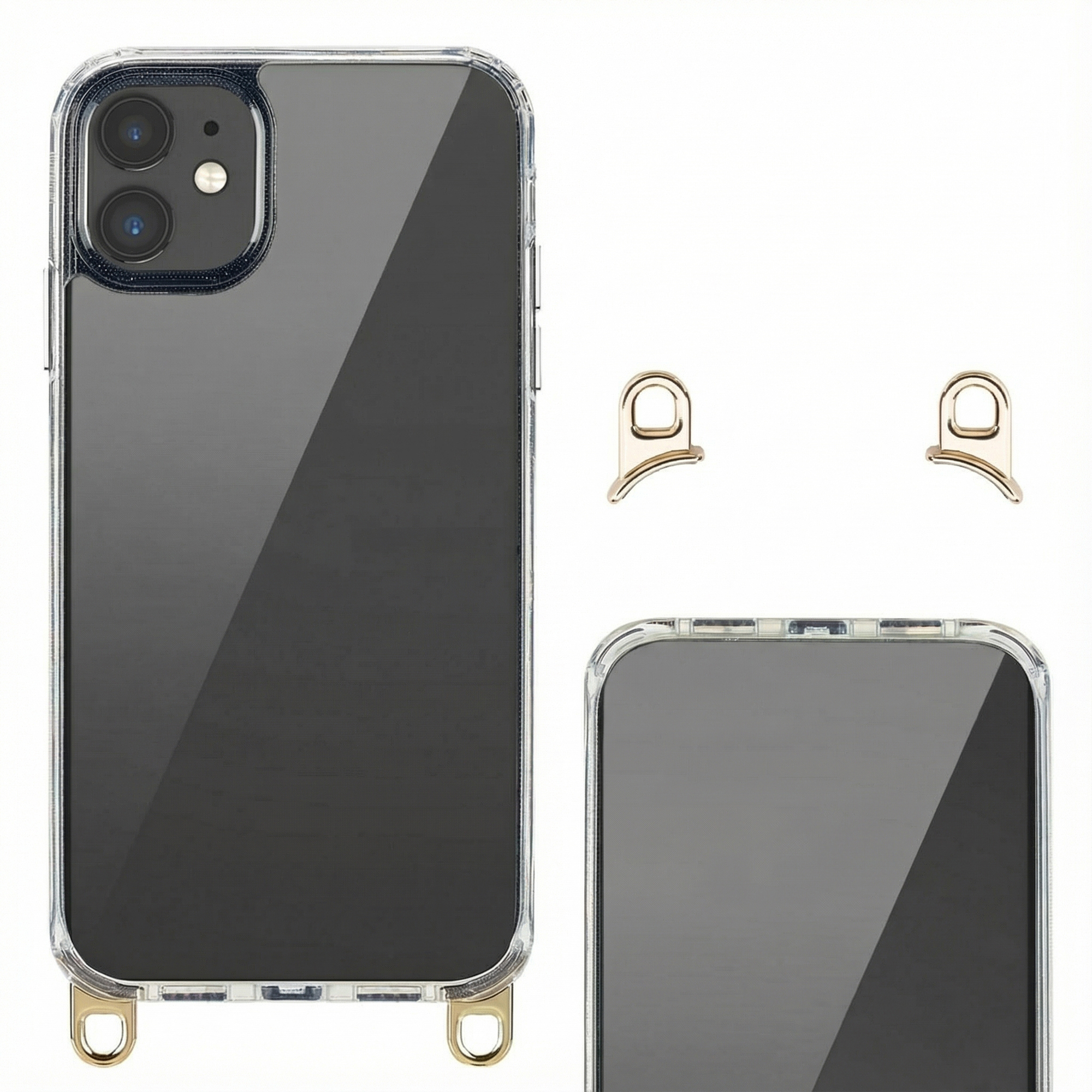 Une coque de téléphone transparente avec deux anneaux dorés en haut et en bas.
