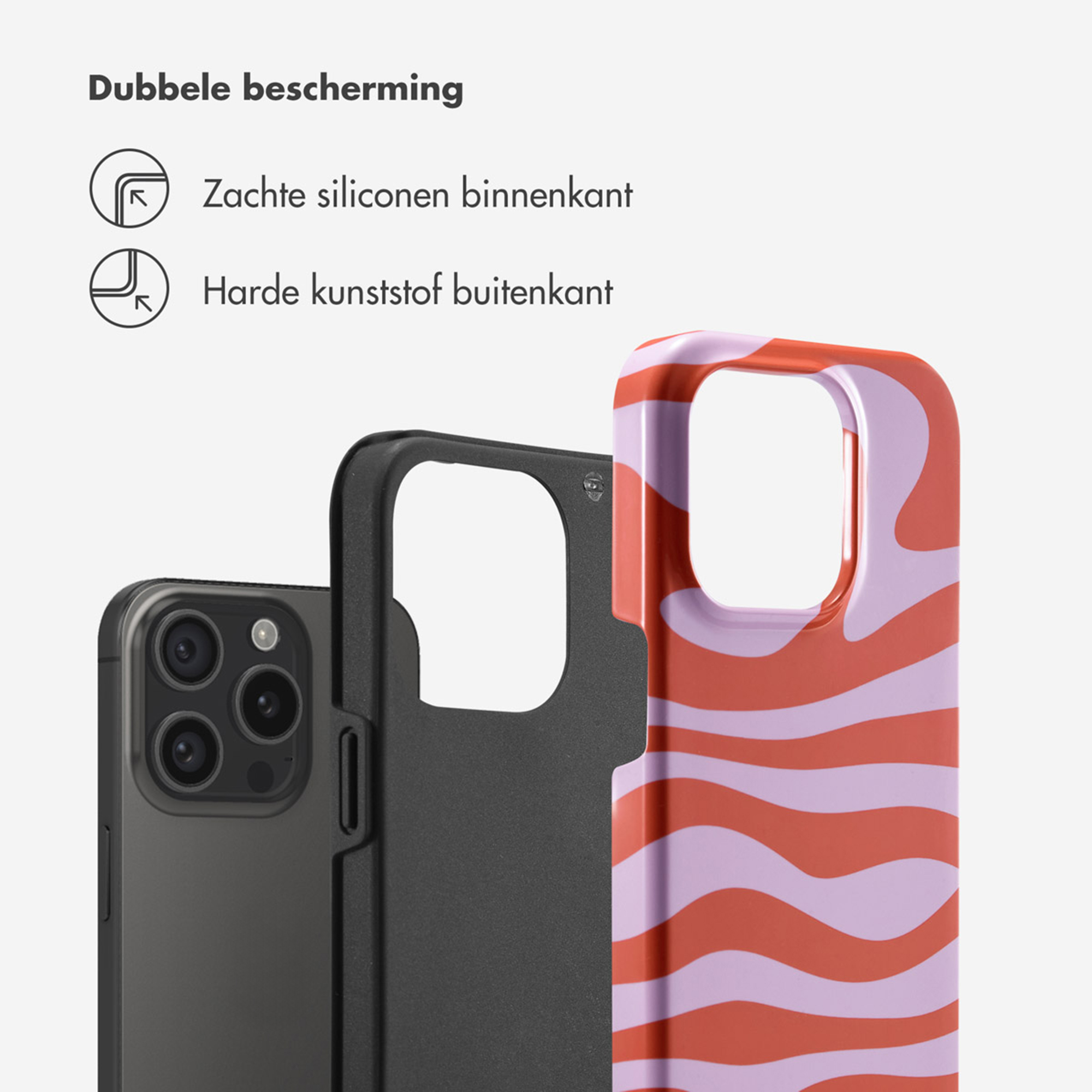 Een iPhone met een rood en paars gestreepte beschermhoes.