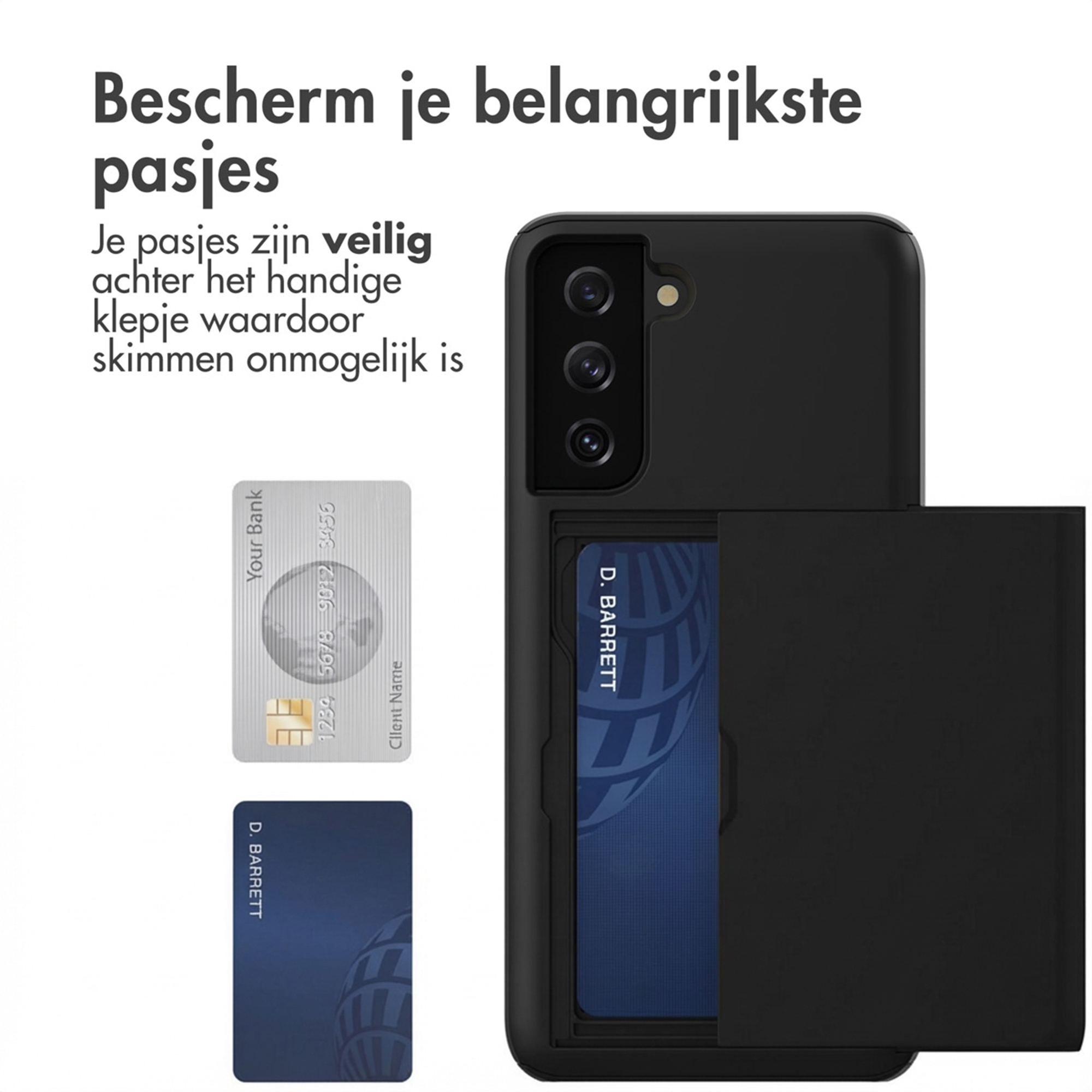 Zwarte telefoonhoes met kaartsleuf, toont creditcards.