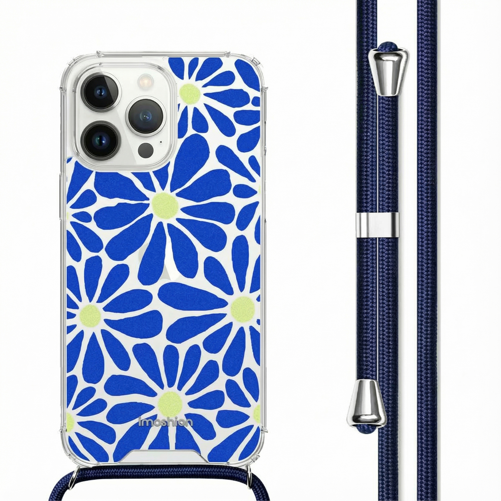 Een doorzichtige telefoonhoes met blauw-geel bloemenpatroon en koord.