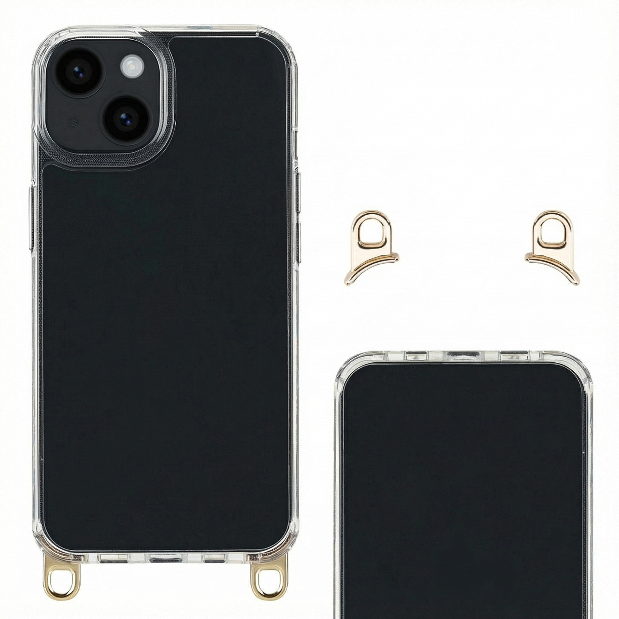 Une coque de téléphone transparente avec attaches dorées et téléphone noir.