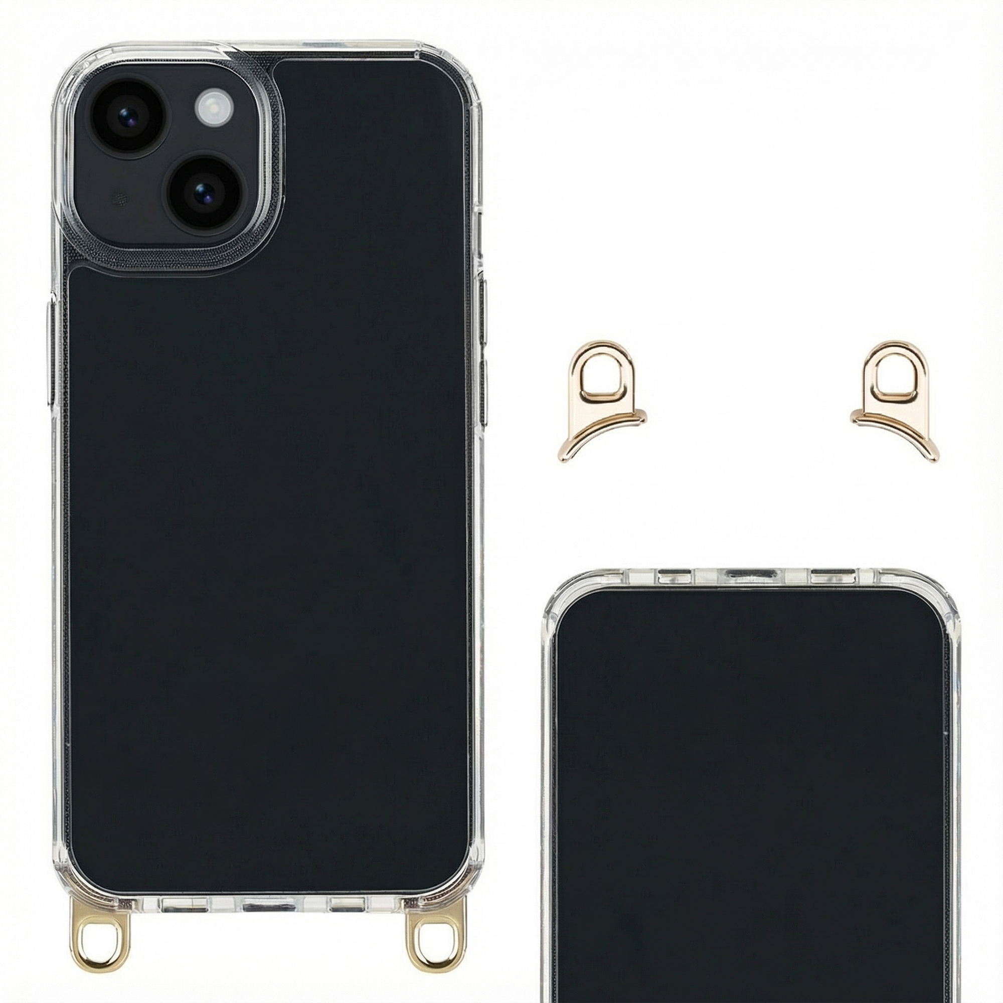 Custodia nera per telefono con ritaglio fotocamera e occhielli dorati.