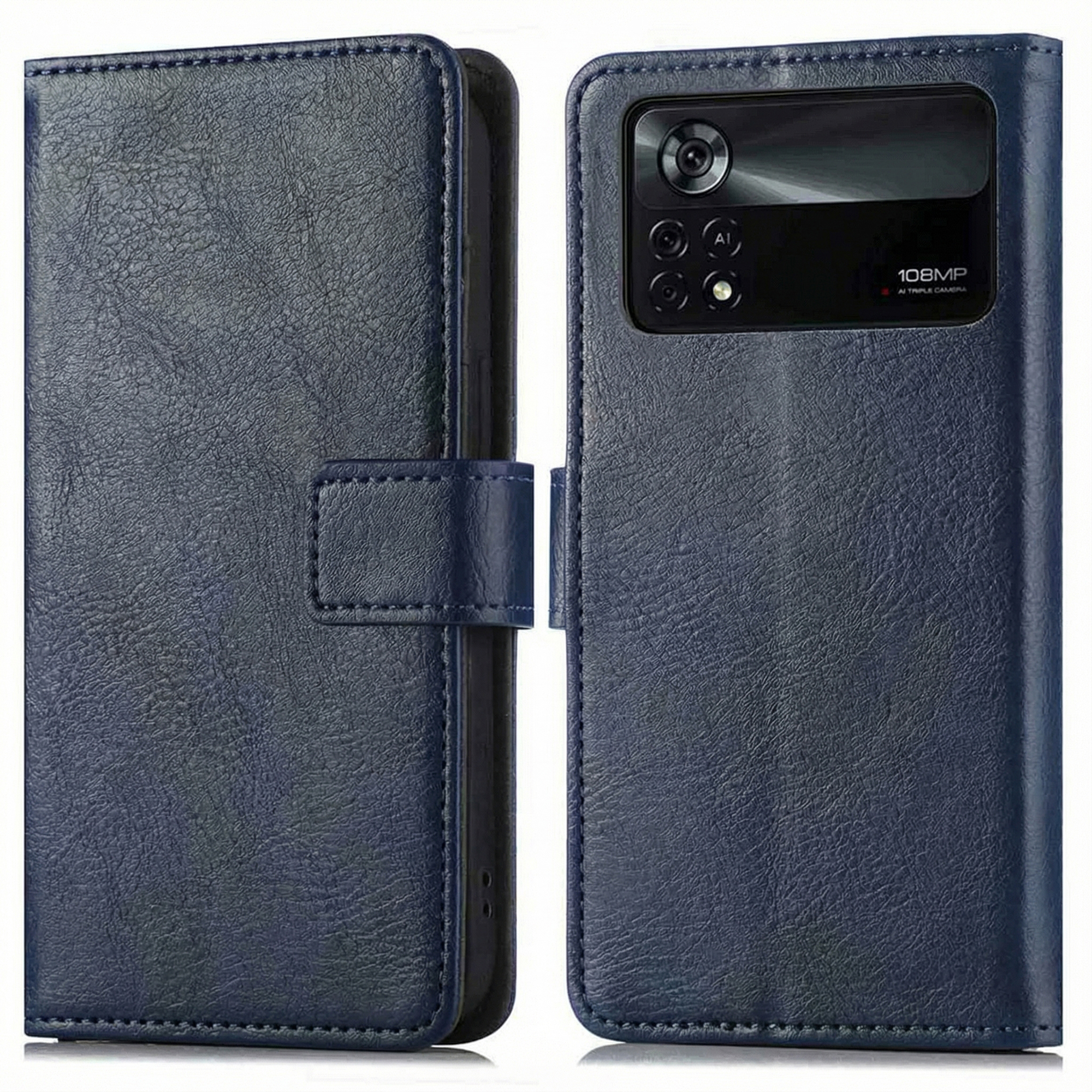 Donkerblauwe leren telefoonhoes met camerasysteem en sluiting.