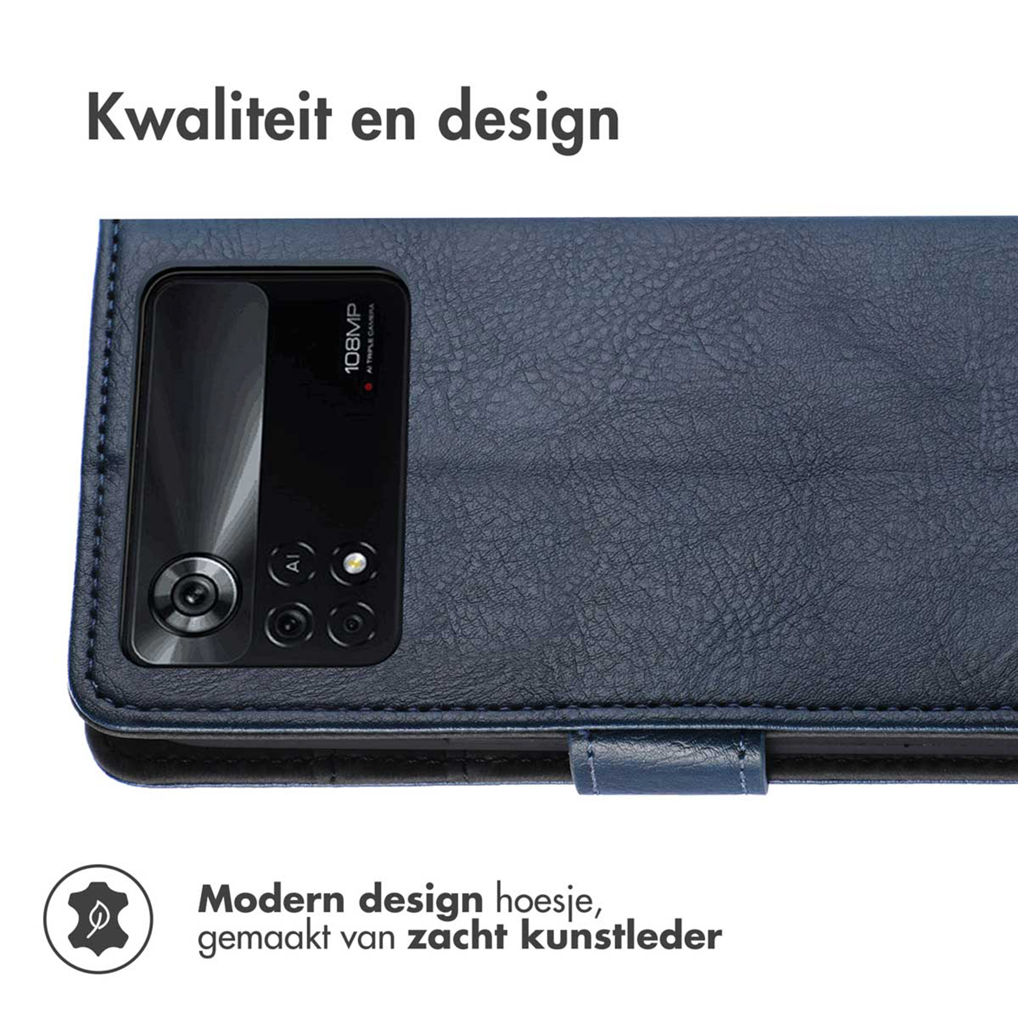 Donkerblauwe kunstleren telefoonhoes met 108MP camera.