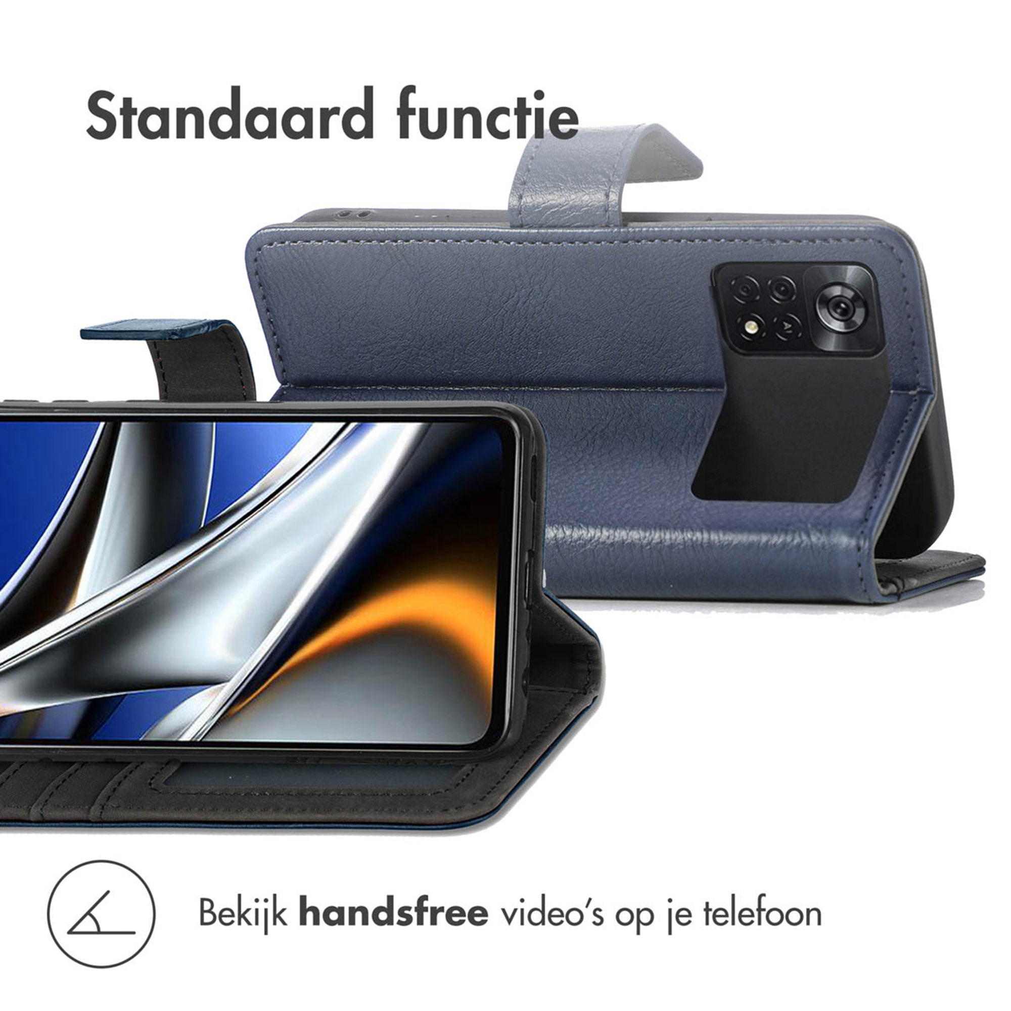 Een blauwe telefoon flipcase met standaardfunctie en telefooncamera.