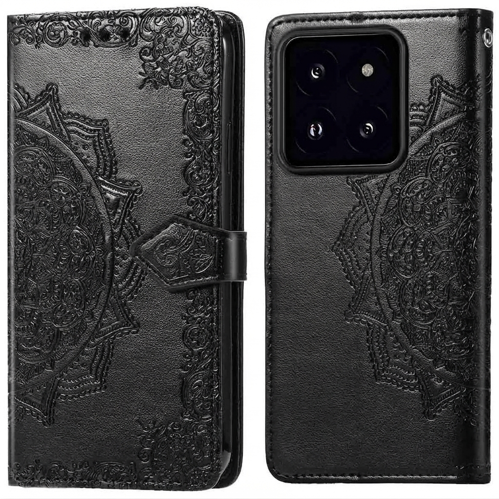 Zwarte leren telefoonhoes met reliëf mandala-ontwerp. Twee weergaven getoond.