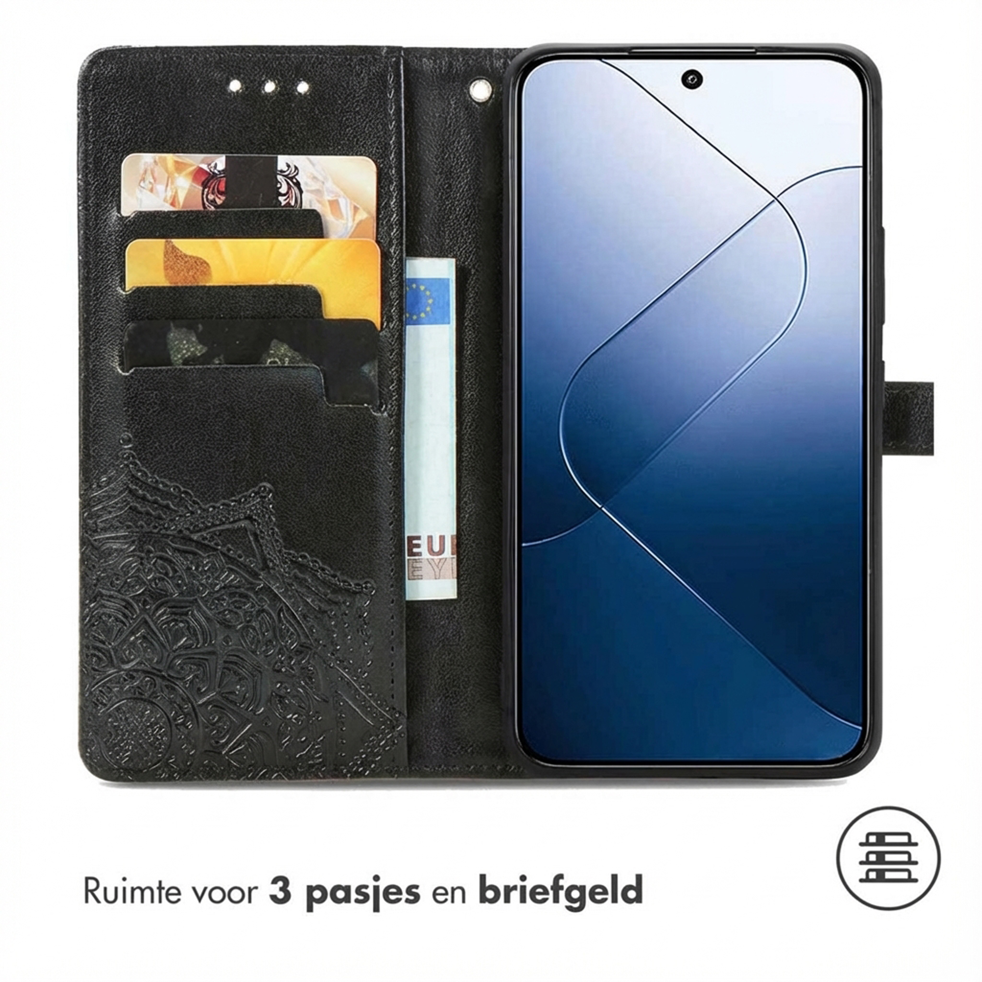 Zwart flip hoesje met kaartsleuven en geldvak voor smartphone.
