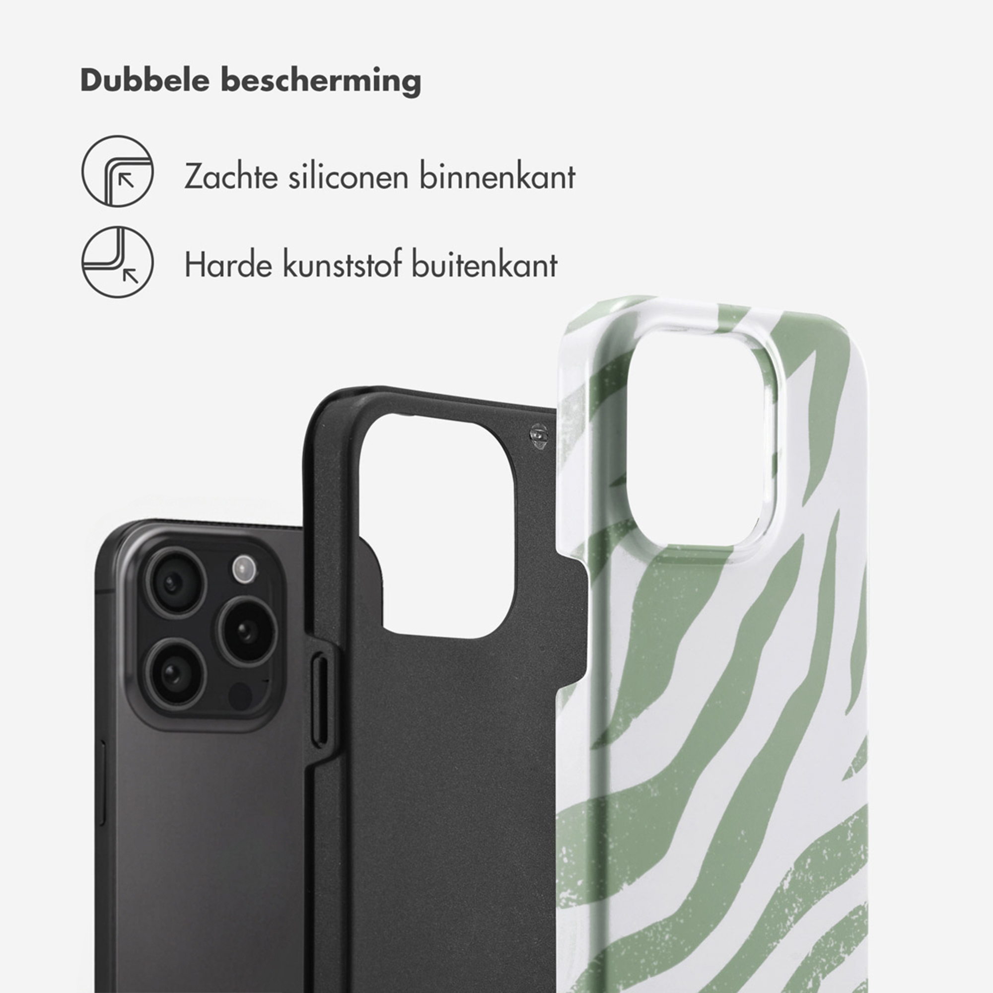 Un iPhone noir avec une coque zèbre verte et blanche.