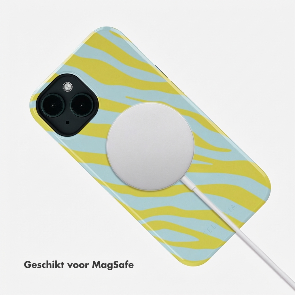 iPhone hoesje met blauw-gele strepen en MagSafe lader.