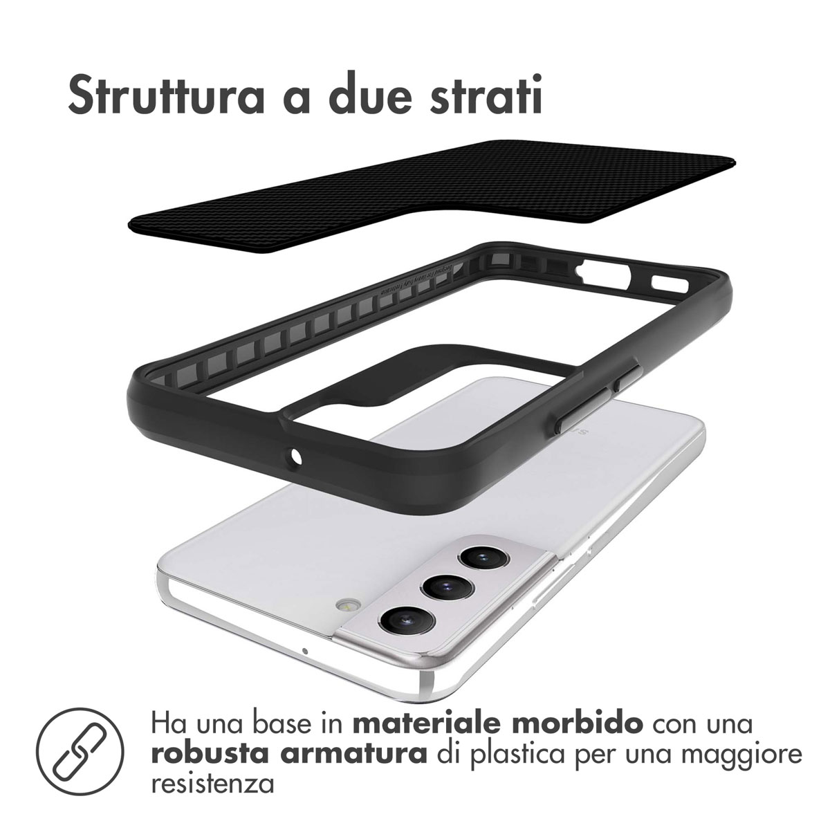 Tweelaagse telefoonhoes met zwart frame en achterkant.