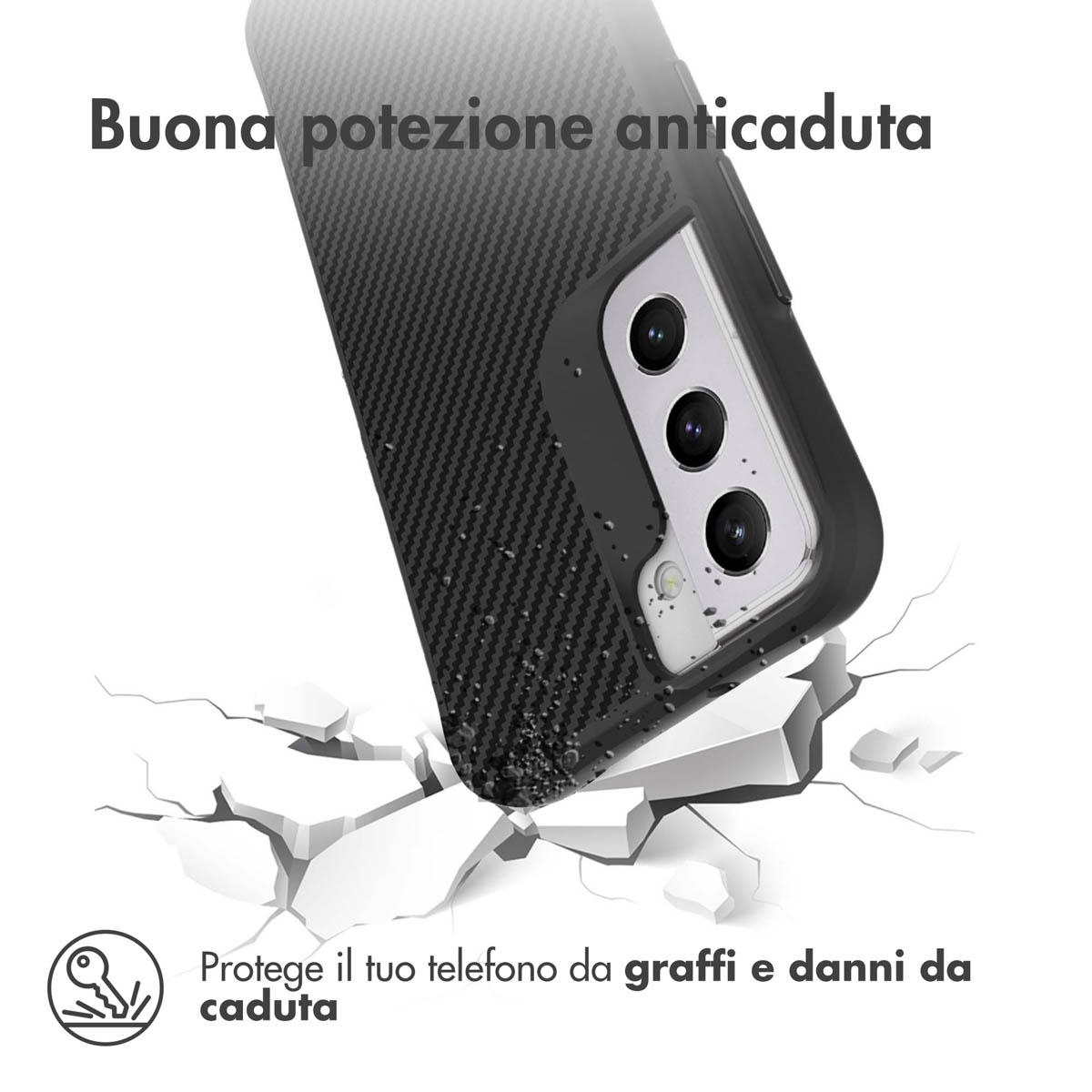 Zwarte telefoonhoes met carbonlook valt op witte scherven.