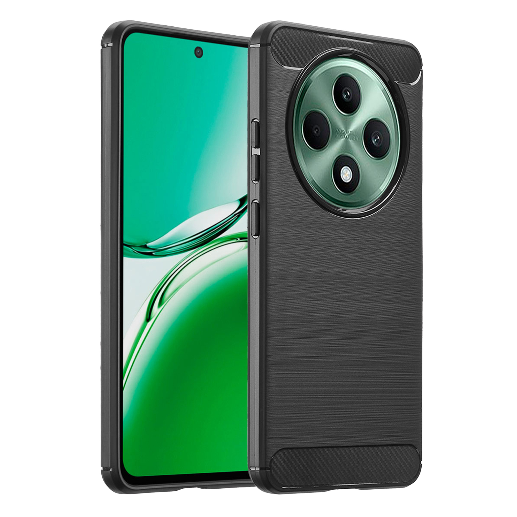 Een zwarte telefoonhoes met textuurafwerking toont een ronde cameralens met vier lenzen.