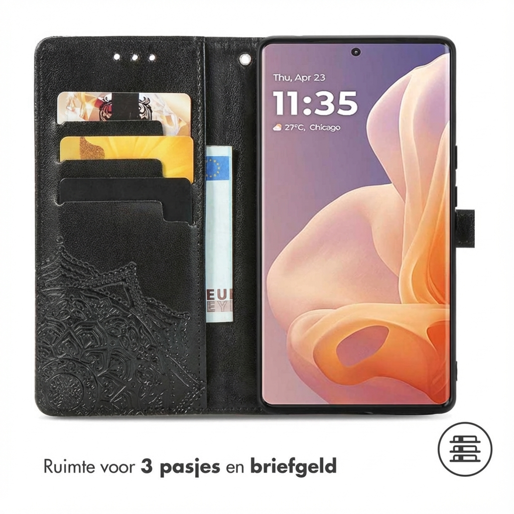 Custodia a portafoglio nera per smartphone con slot per carte e porta contanti.