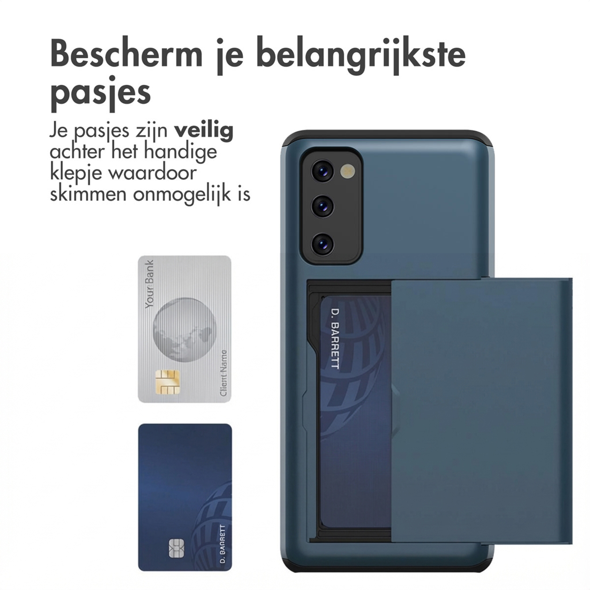 Blauwe telefoonhoes met kaarthouder toont twee creditcards. Bescherming.