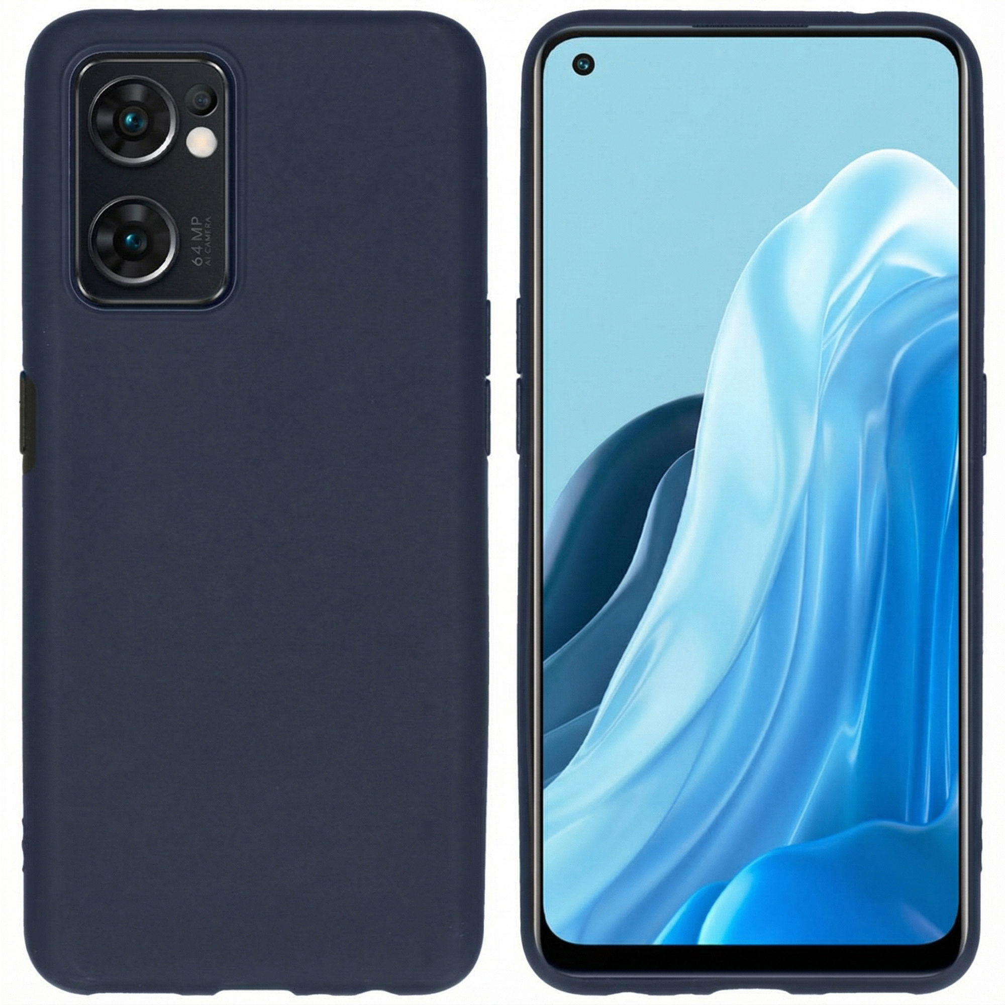 Custodia blu scuro con due fotocamere e uno smartphone su sfondo blu.
