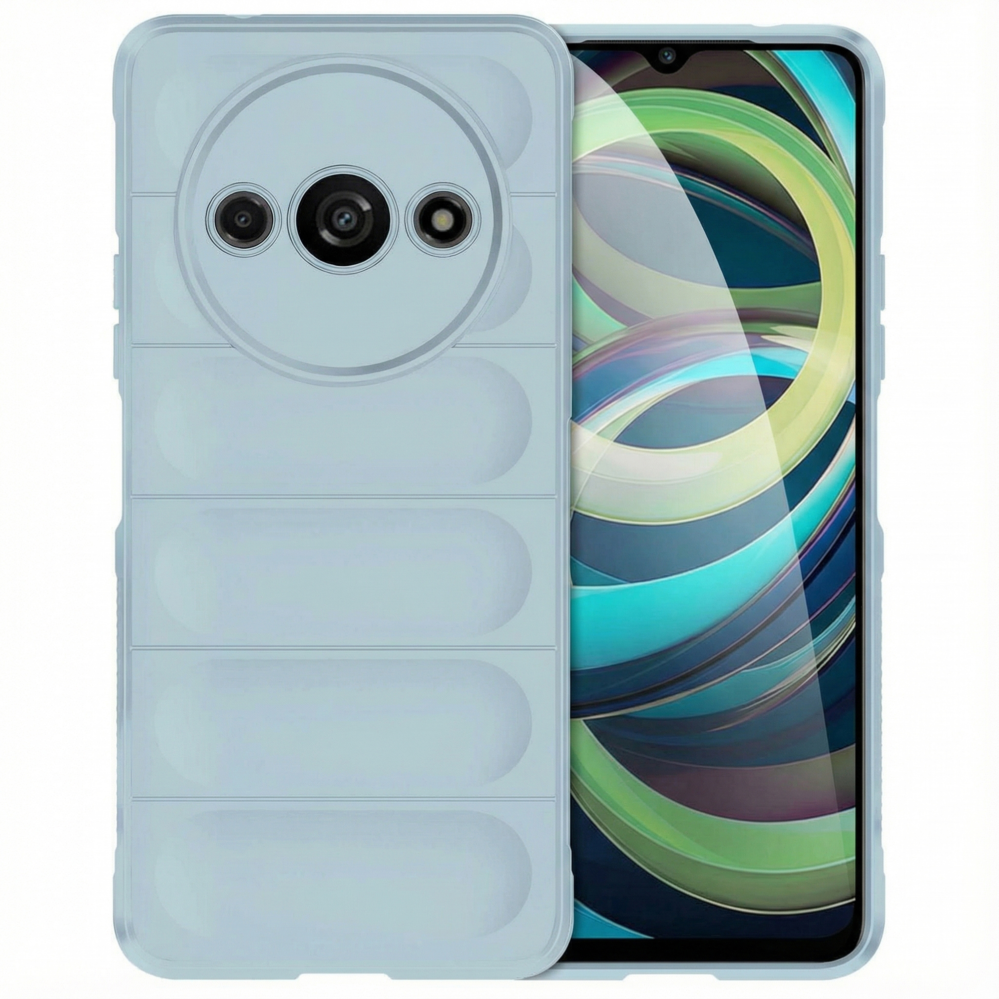 Coque de téléphone bleu clair avec lignes horizontales et découpe caméra. Écran de téléphone motif abstrait.