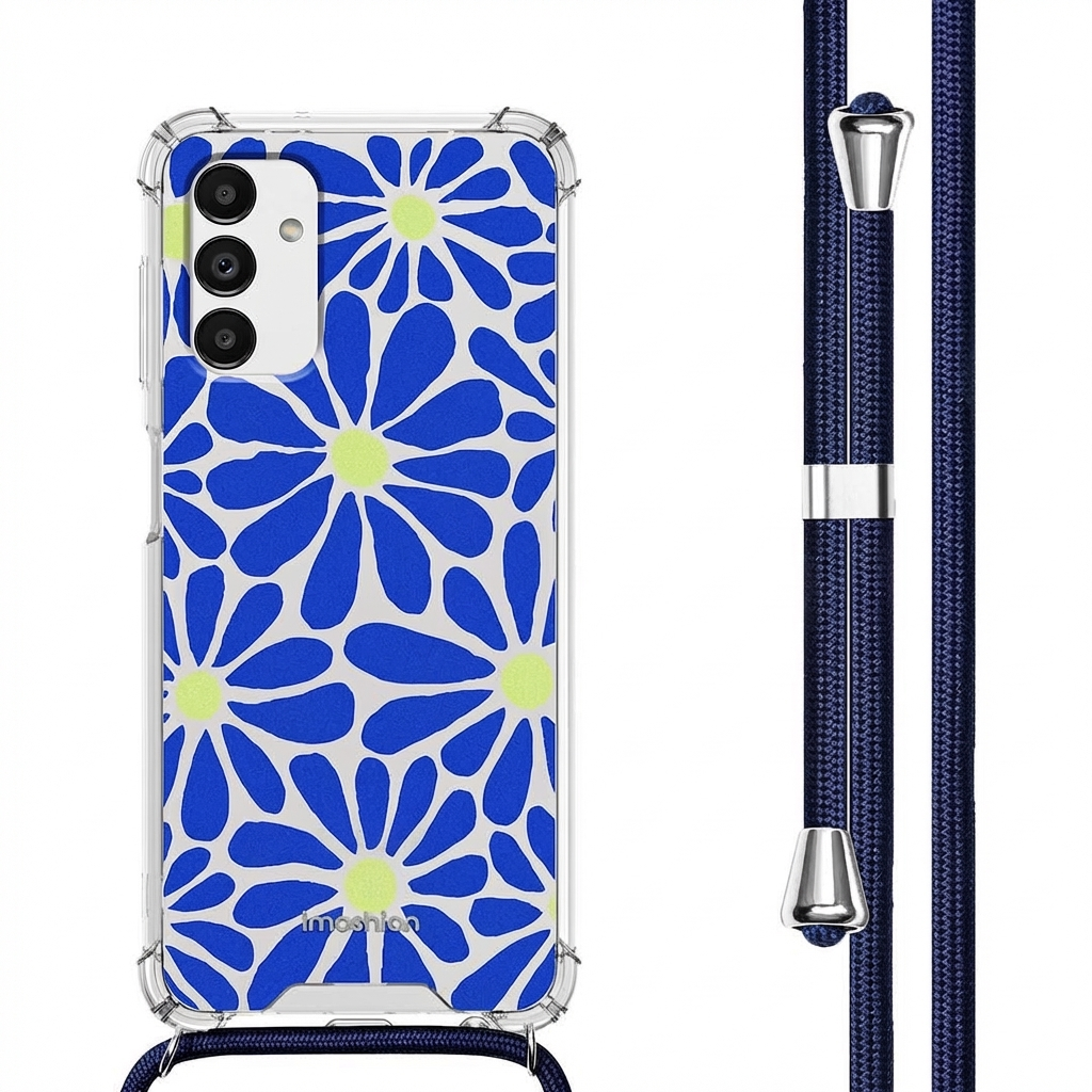 Coque de téléphone transparente avec motif floral bleu et jaune et lanière.