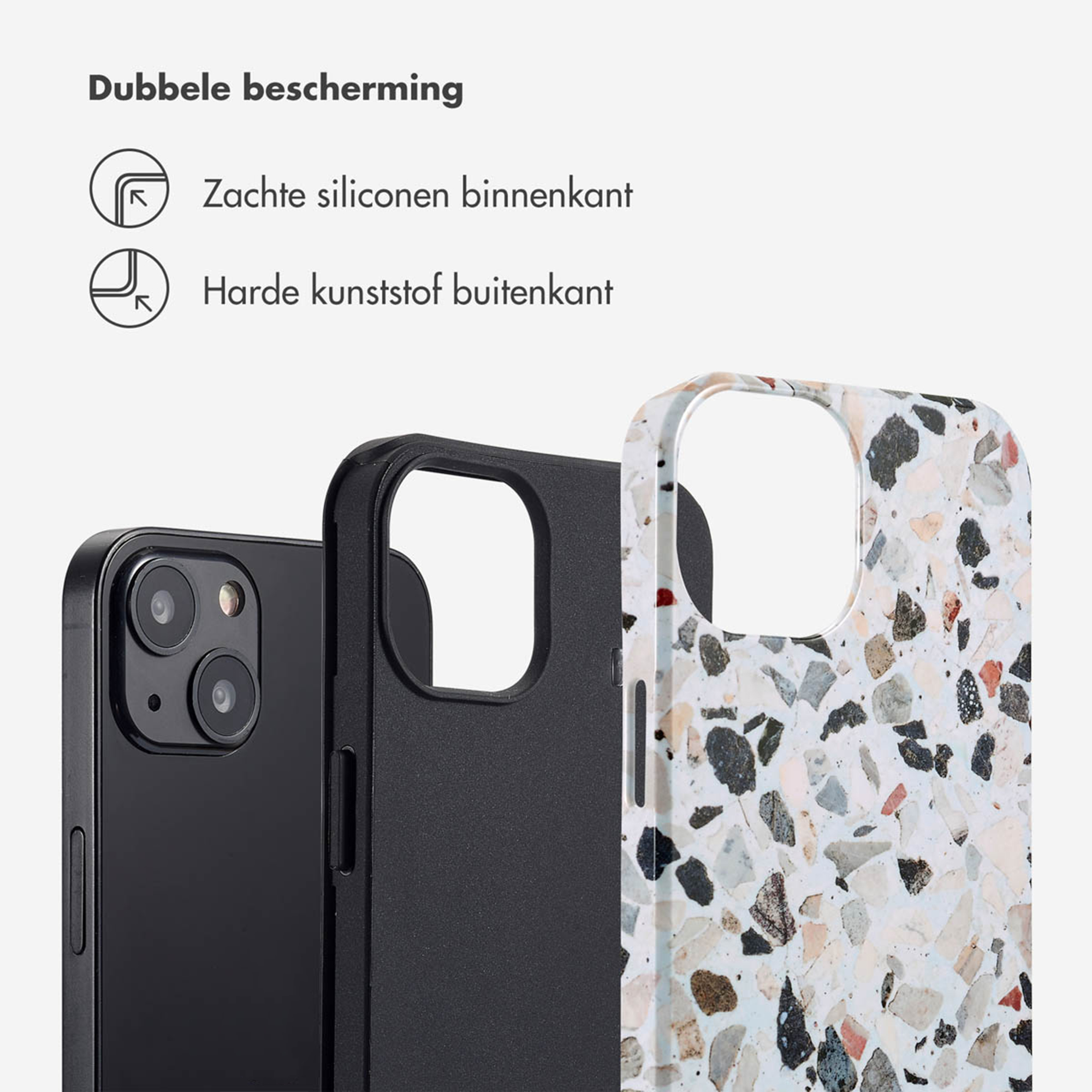 Deux coques de téléphone : une noire, une à motif terrazzo.