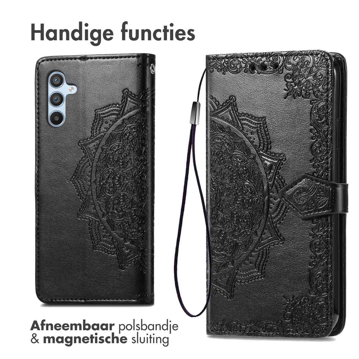 Coque de téléphone noire avec mandala en relief, dragonne amovible et fermeture magnétique.