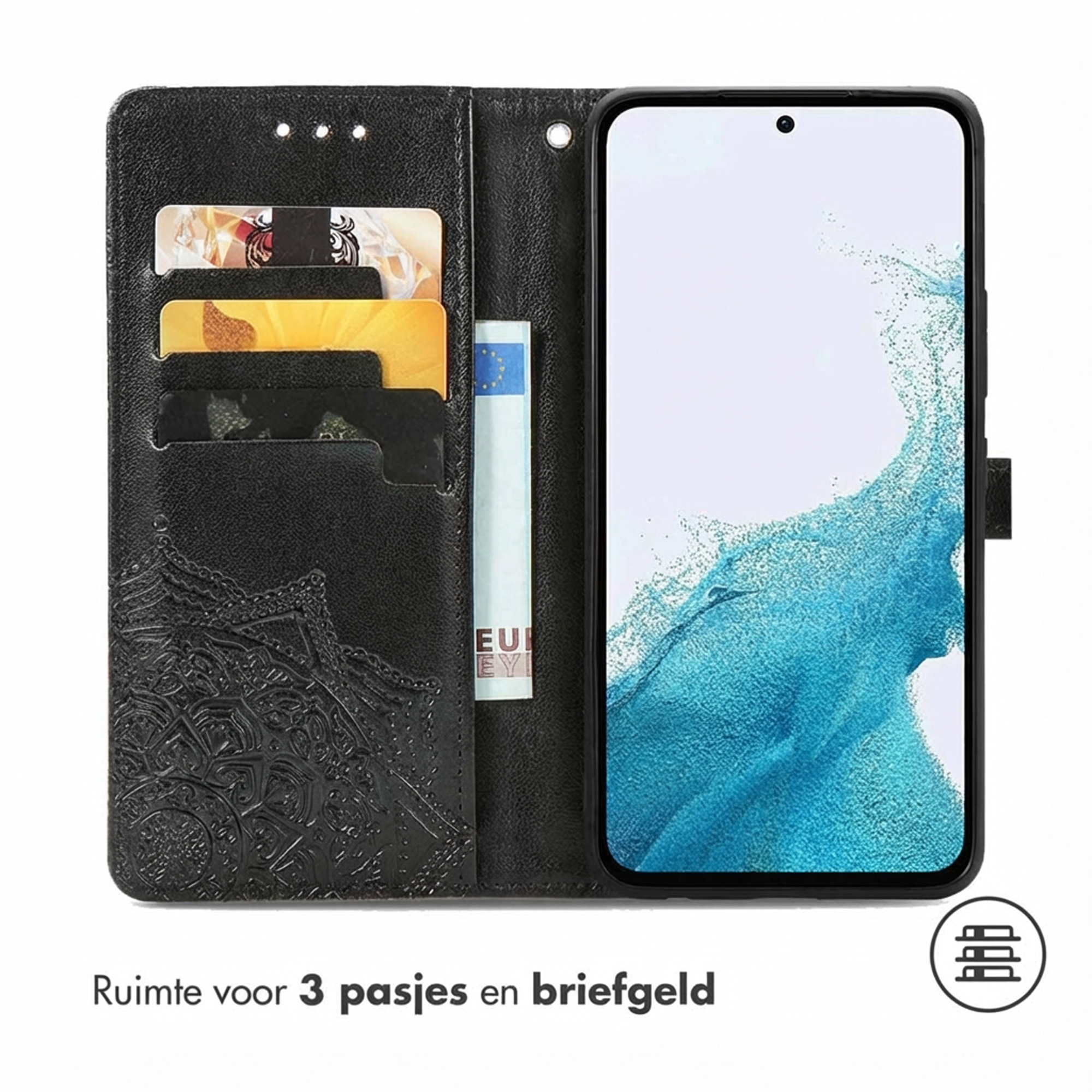 Étui portefeuille noir avec fentes pour cartes, poche à billets et smartphone.