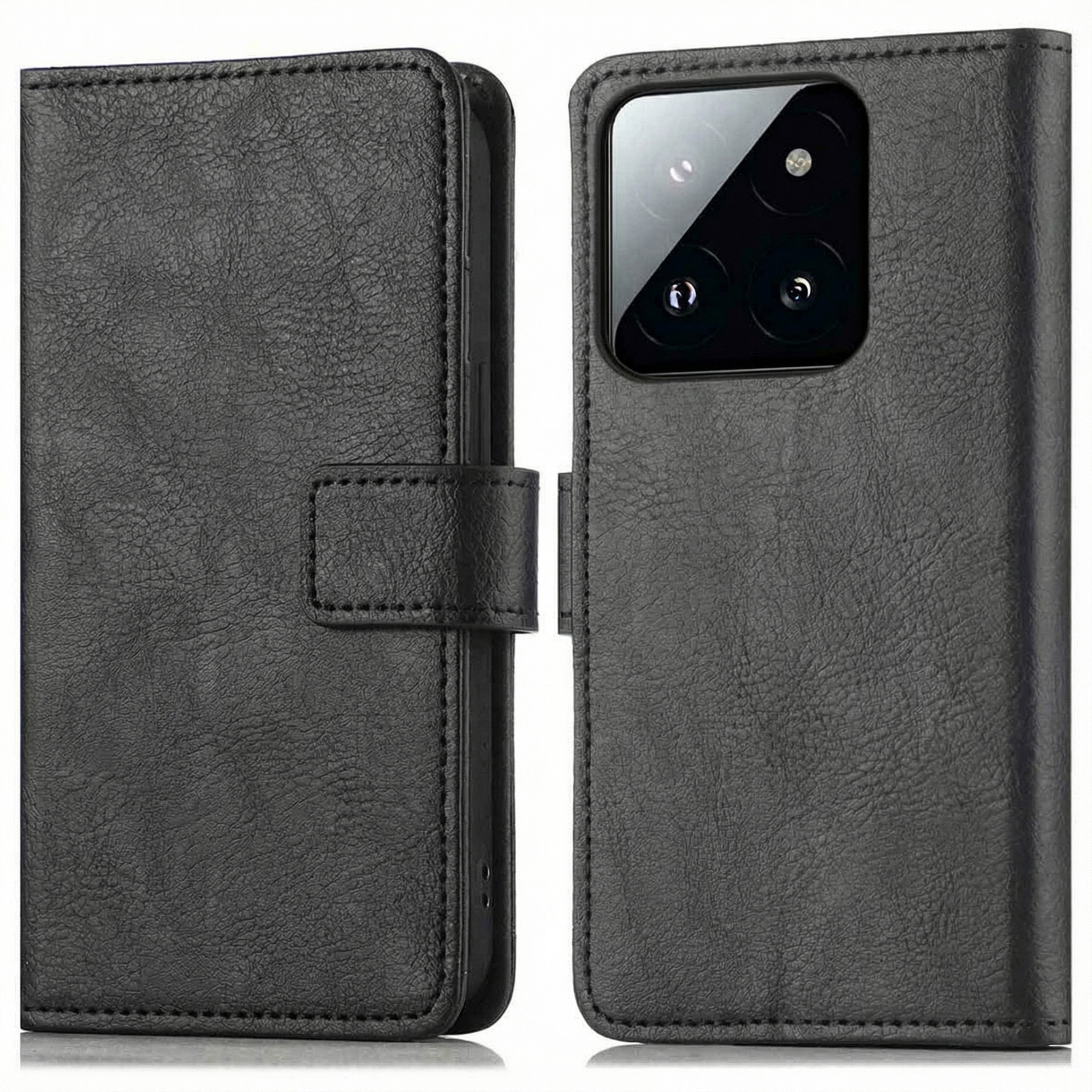 Étui de téléphone à rabat en cuir noir avec découpe pour appareil photo.