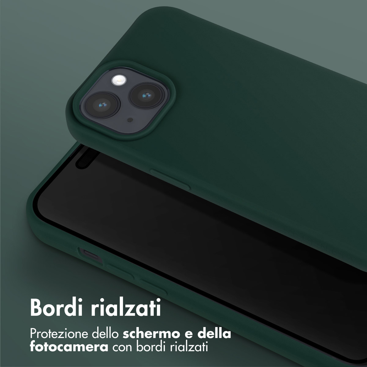 Dark green phone case with camera bump, partially covering a black screen.