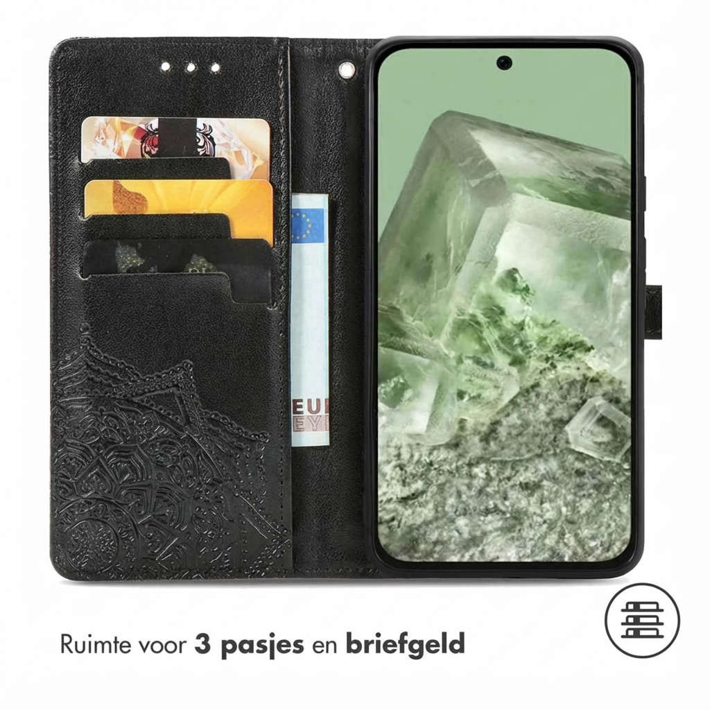Zwarte telefoonhoes met kaarthouders en geldvak. Scherm toont kristalafbeelding.