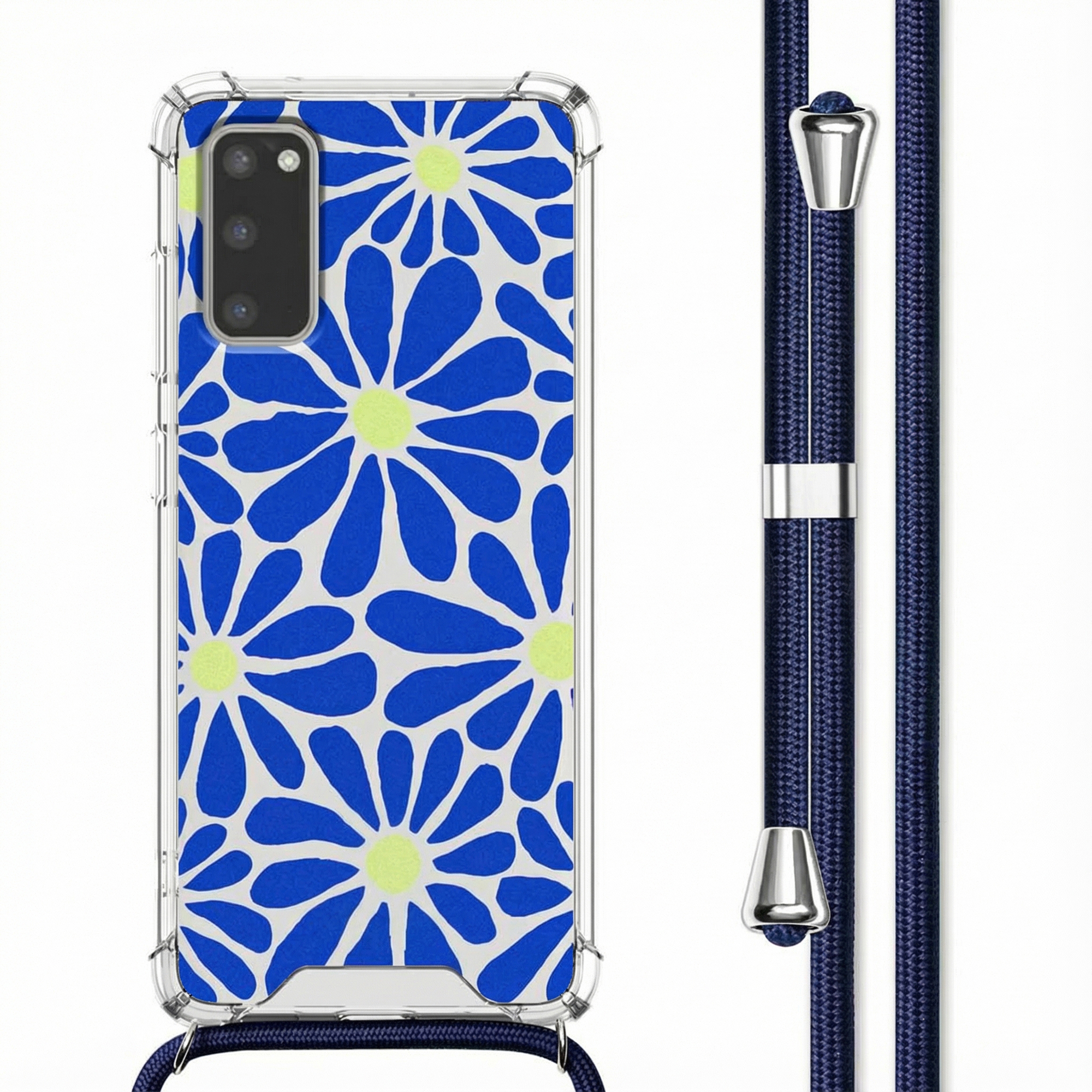 Un smartphone avec une coque à fleurs bleues et jaunes et un cordon bleu foncé.