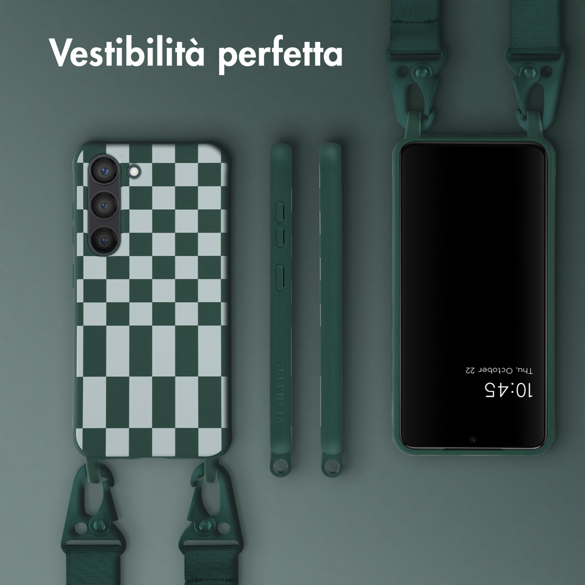 Coque de téléphone verte à damier avec sangle, à côté d'un téléphone.