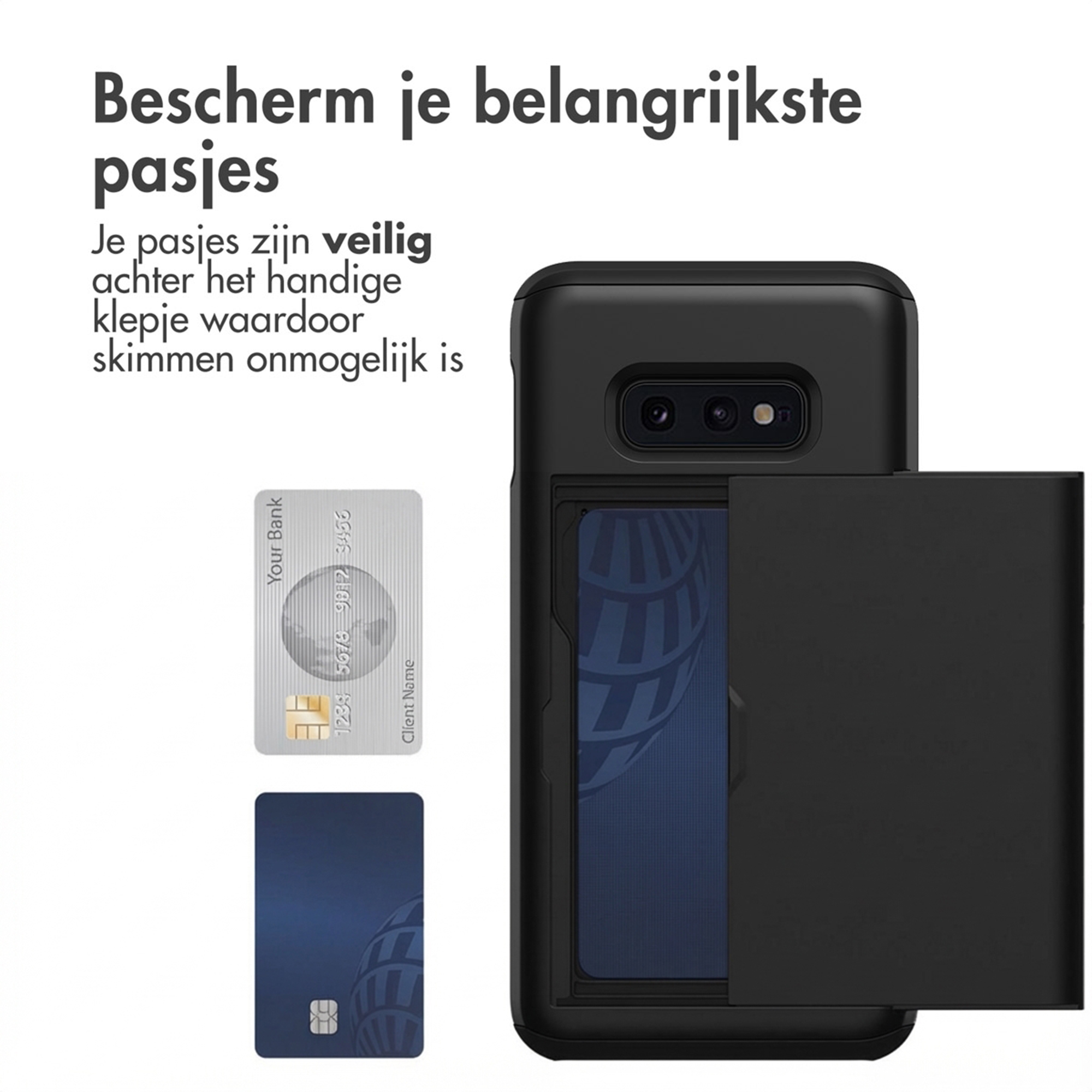 Zwarte telefoonhoes met kaarthouder en twee voorbeeldkaarten ernaast.