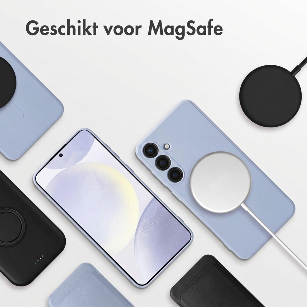 Meerdere telefoons en MagSafe-laders op een witte achtergrond.