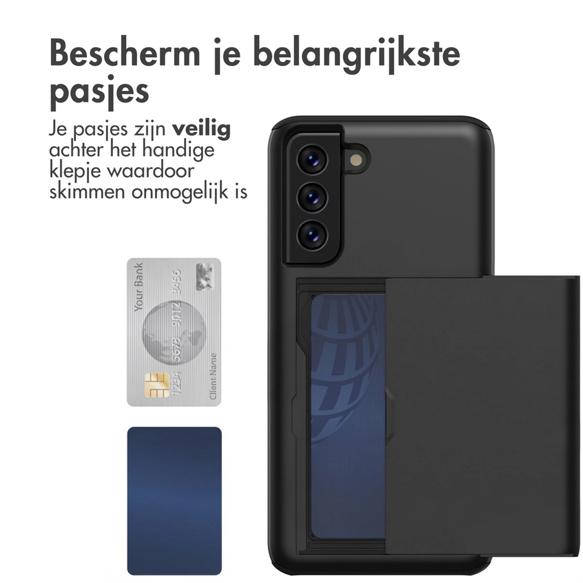 Zwarte telefoonhoes met kaarthouder en ernaast een zilveren bankpas.